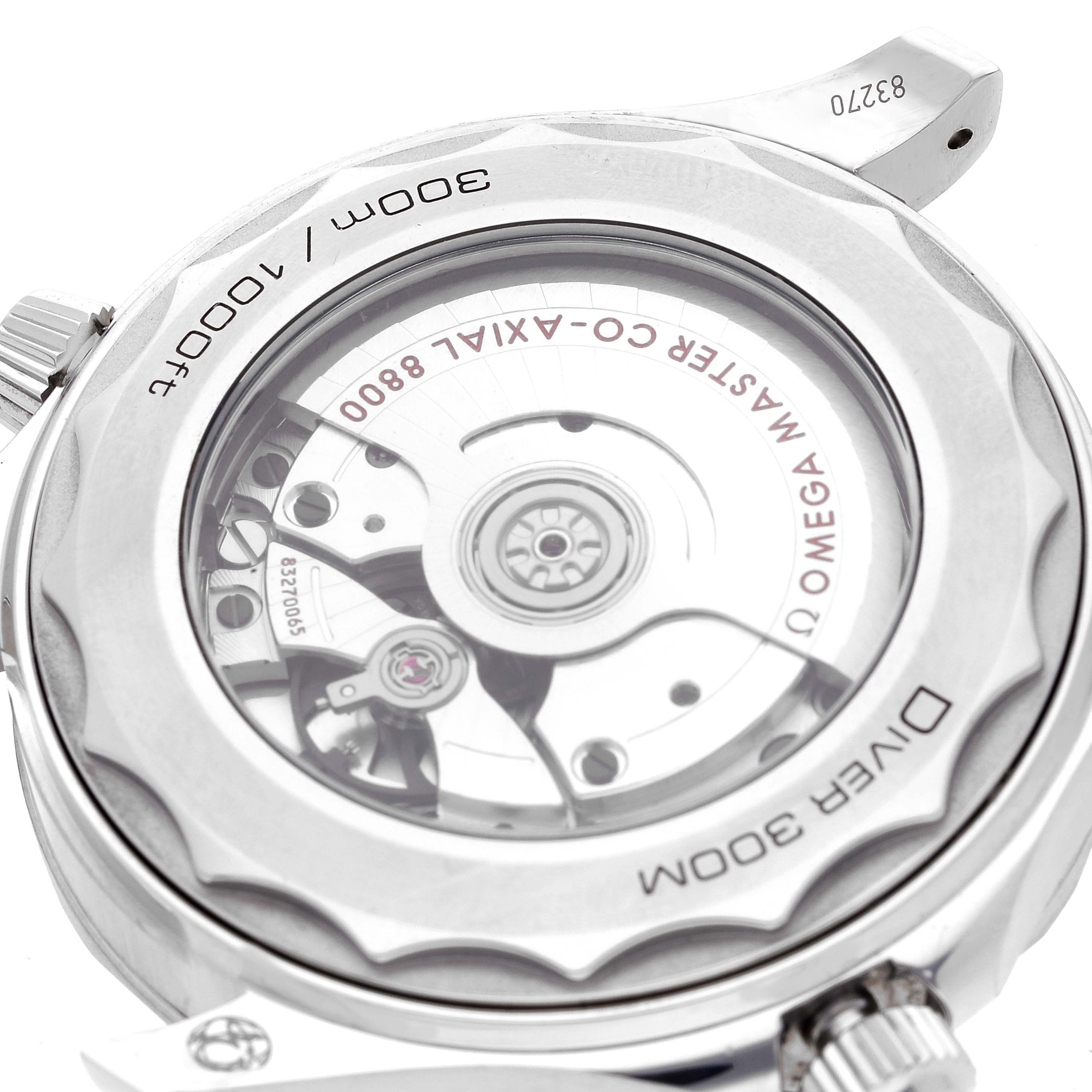 This image shows the back view of an Omega Seamaster 210.32.42.20.03.001 Men's Stainless Steel Blue Dial 210.32.42.20.03.001 Men's Stainless Steel Blue Dial watch, highlighting the case back and the movement inside.