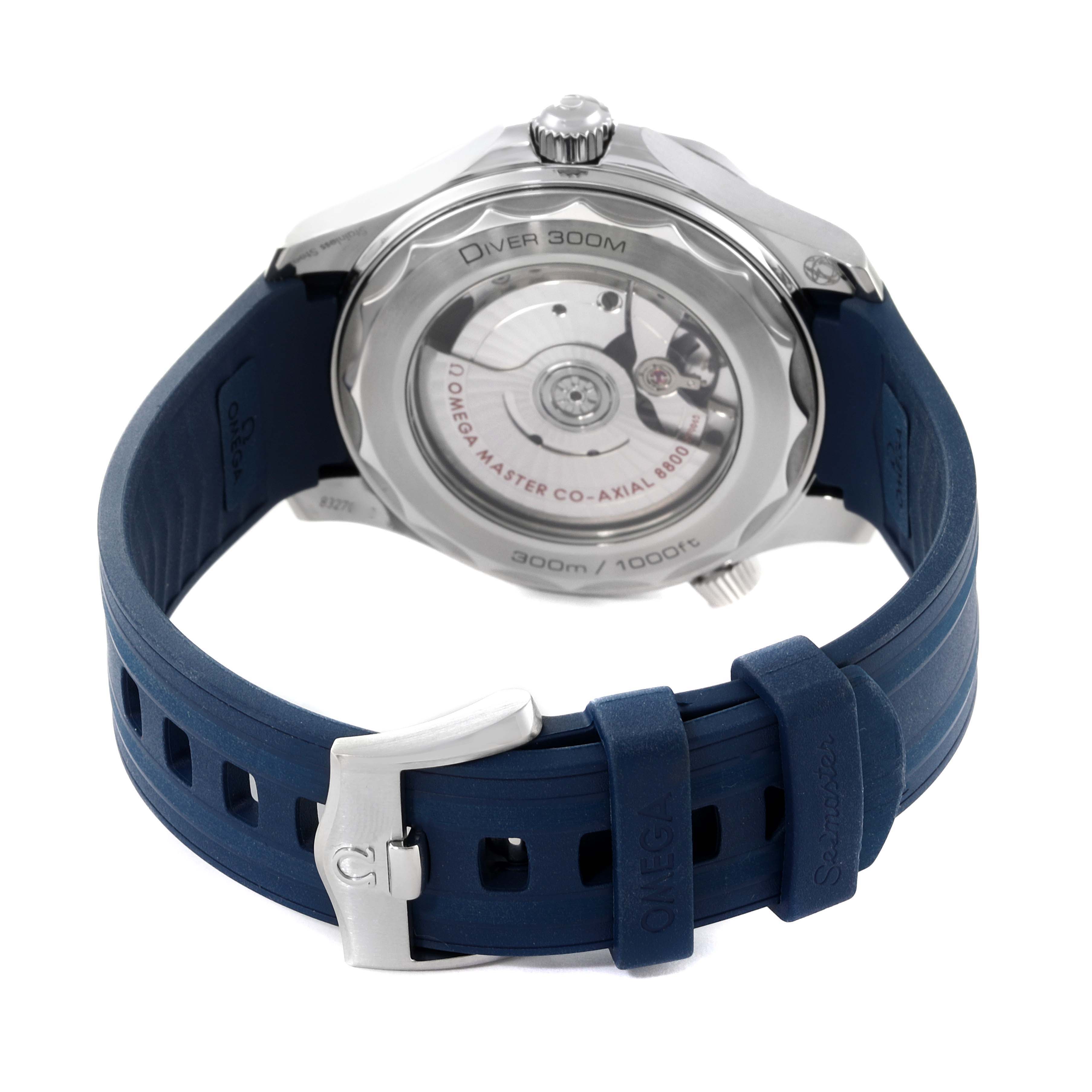 The image shows the back view of the Omega Seamaster 210.32.42.20.03.001 Men's Stainless Steel Blue Dial 210.32.42.20.03.001 Men's Stainless Steel Blue Dial watch, highlighting its case back, movement, and blue rubber strap with a buckle.