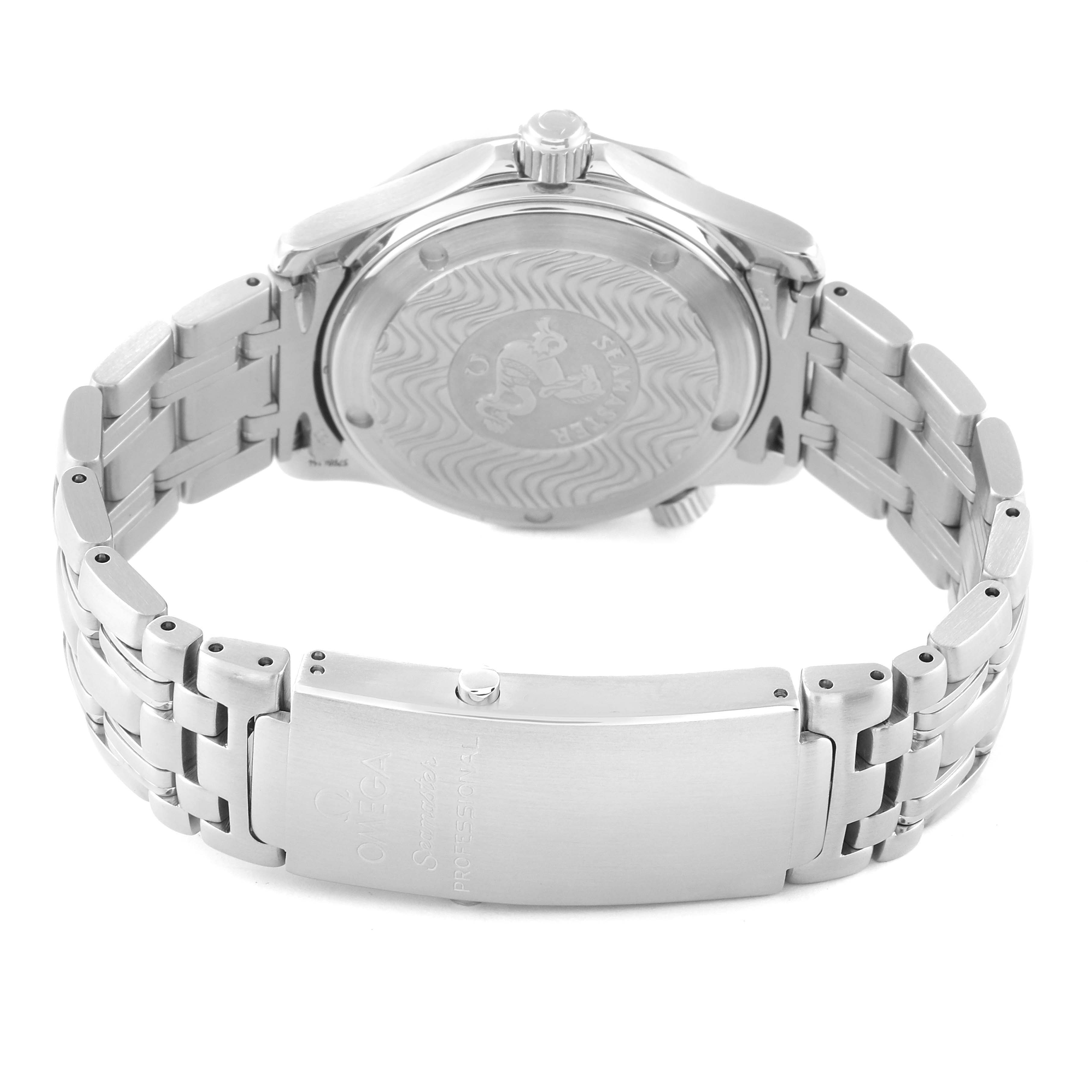 The image shows the back case and the stainless steel bracelet of the Omega Seamaster 2561.80.00 Men's Stainless Steel Blue Dial 2561.80.00 Men's Stainless Steel Blue Dial watch.