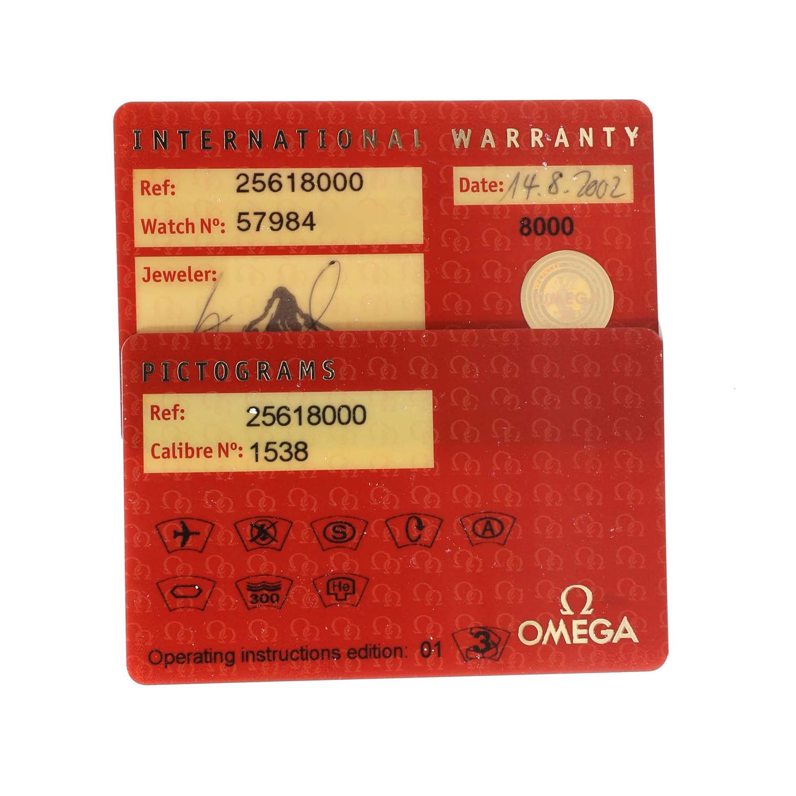 The image shows the international warranty and pictograms cards for the Omega Seamaster 2561.80.00 Men's Stainless Steel Blue Dial 2561.80.00 Men's Stainless Steel Blue Dial watch model.