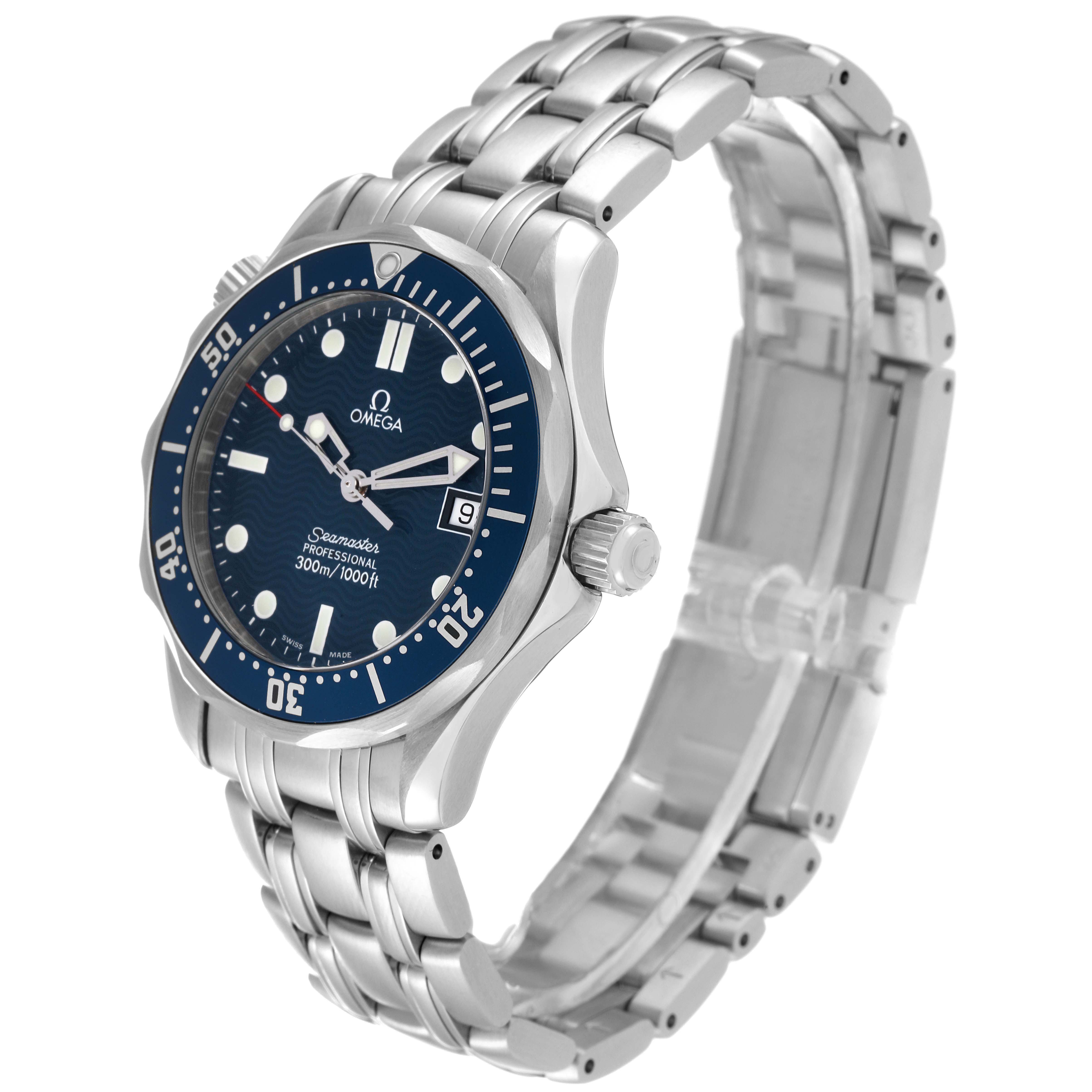 The Omega Seamaster 2561.80.00 Men's Stainless Steel Blue Dial 2561.80.00 Men's Stainless Steel Blue Dial watch is shown at an angle displaying the dial, bezel, crown, and bracelet.