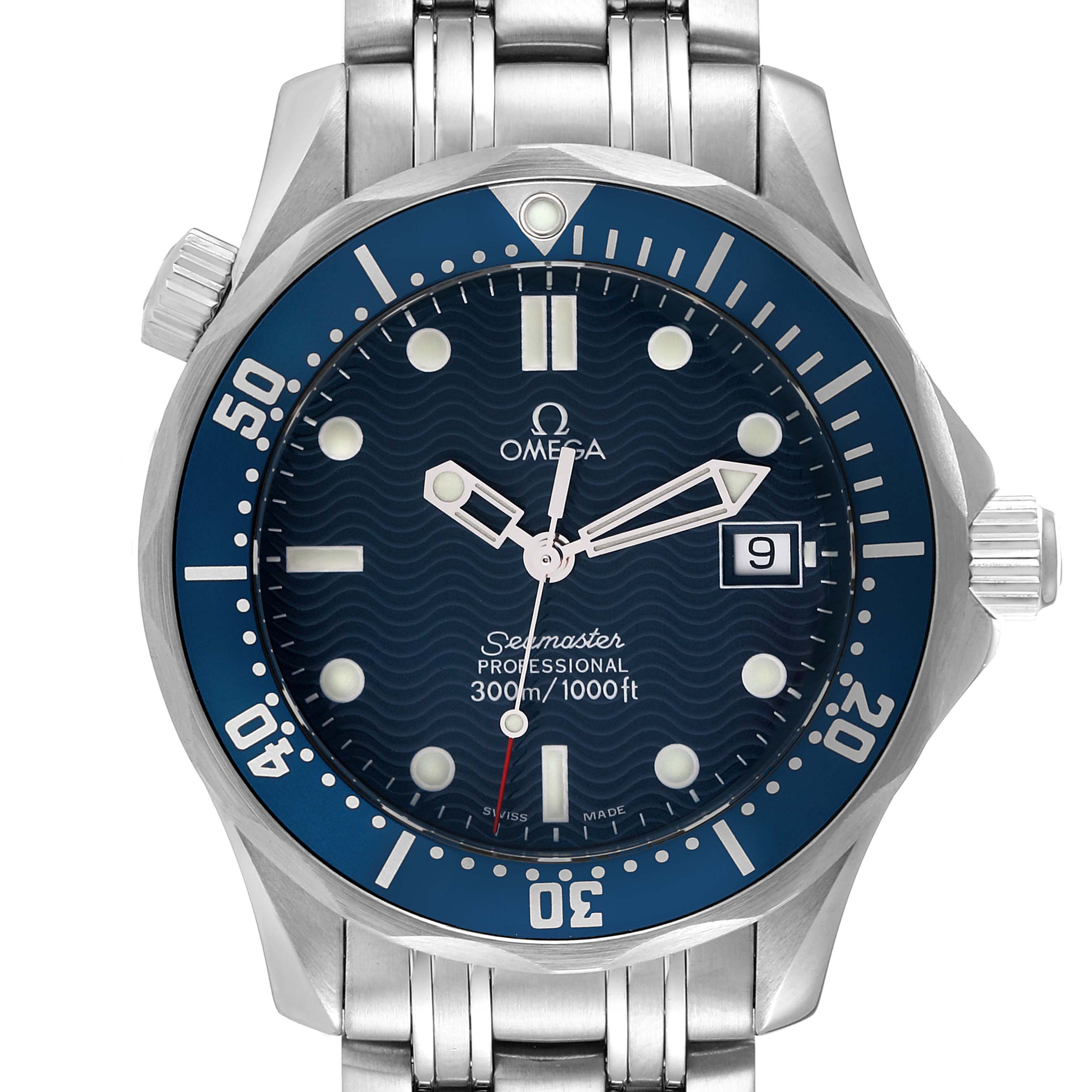 The Omega Seamaster 2561.80.00 Men's Stainless Steel Blue Dial 2561.80.00 Men's Stainless Steel Blue Dial model watch is shown from a front angle, highlighting the dial, bezel, crown, and part of the bracelet.