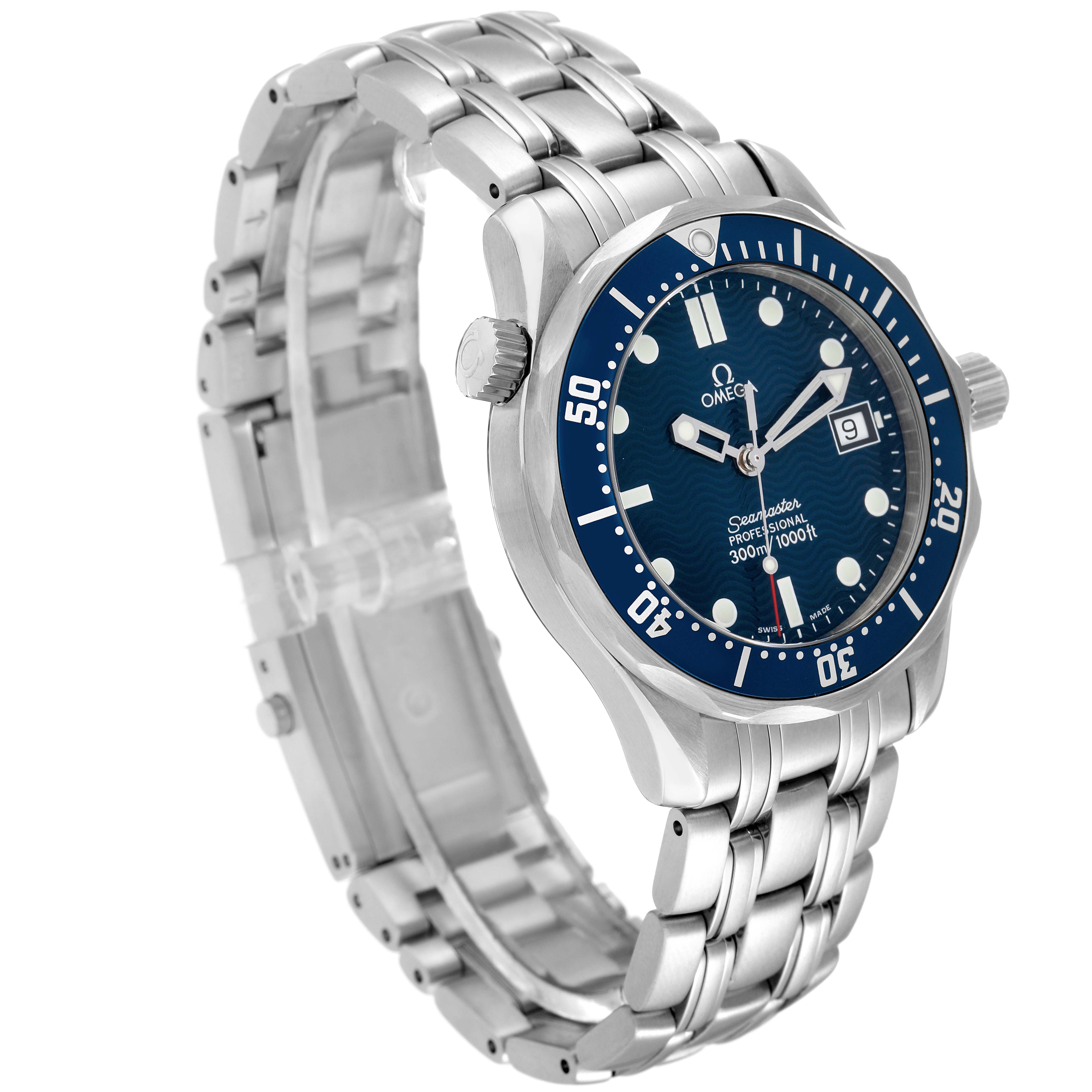 The image shows a front left angle of an Omega Seamaster 2561.80.00 Men's Stainless Steel Blue Dial 2561.80.00 Men's Stainless Steel Blue Dial watch, displaying the face, bezel, and metal bracelet.