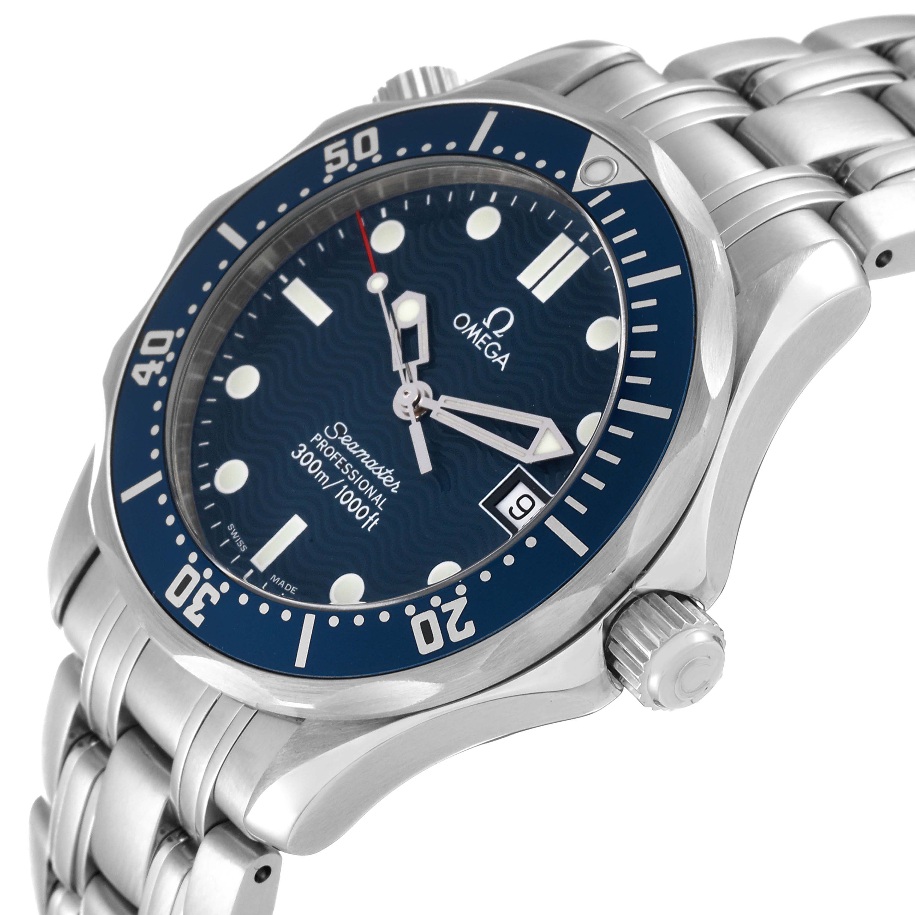 The Omega Seamaster 2561.80.00 Men's Stainless Steel Blue Dial 2561.80.00 Men's Stainless Steel Blue Dial watch is shown at a slight angle, displaying its face, bezel, crown, and part of the stainless steel bracelet.