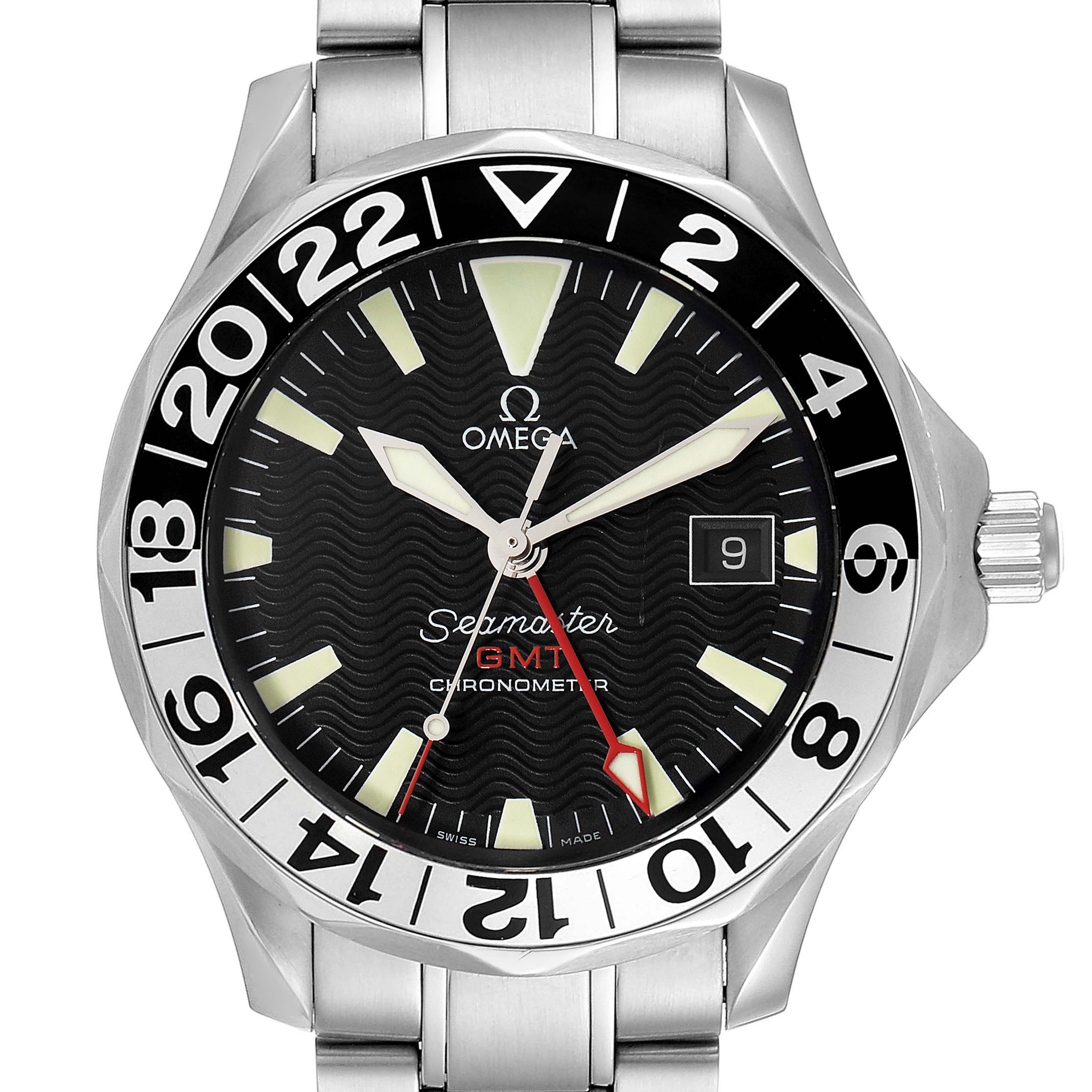 This image shows a front view of the Omega Seamaster 2234.50.00 Men's Stainless Steel Black Dial 2234.50.00 Men's Stainless Steel Black Dial GMT Chronometer watch, highlighting the dial, bezel, and part of the bracelet.