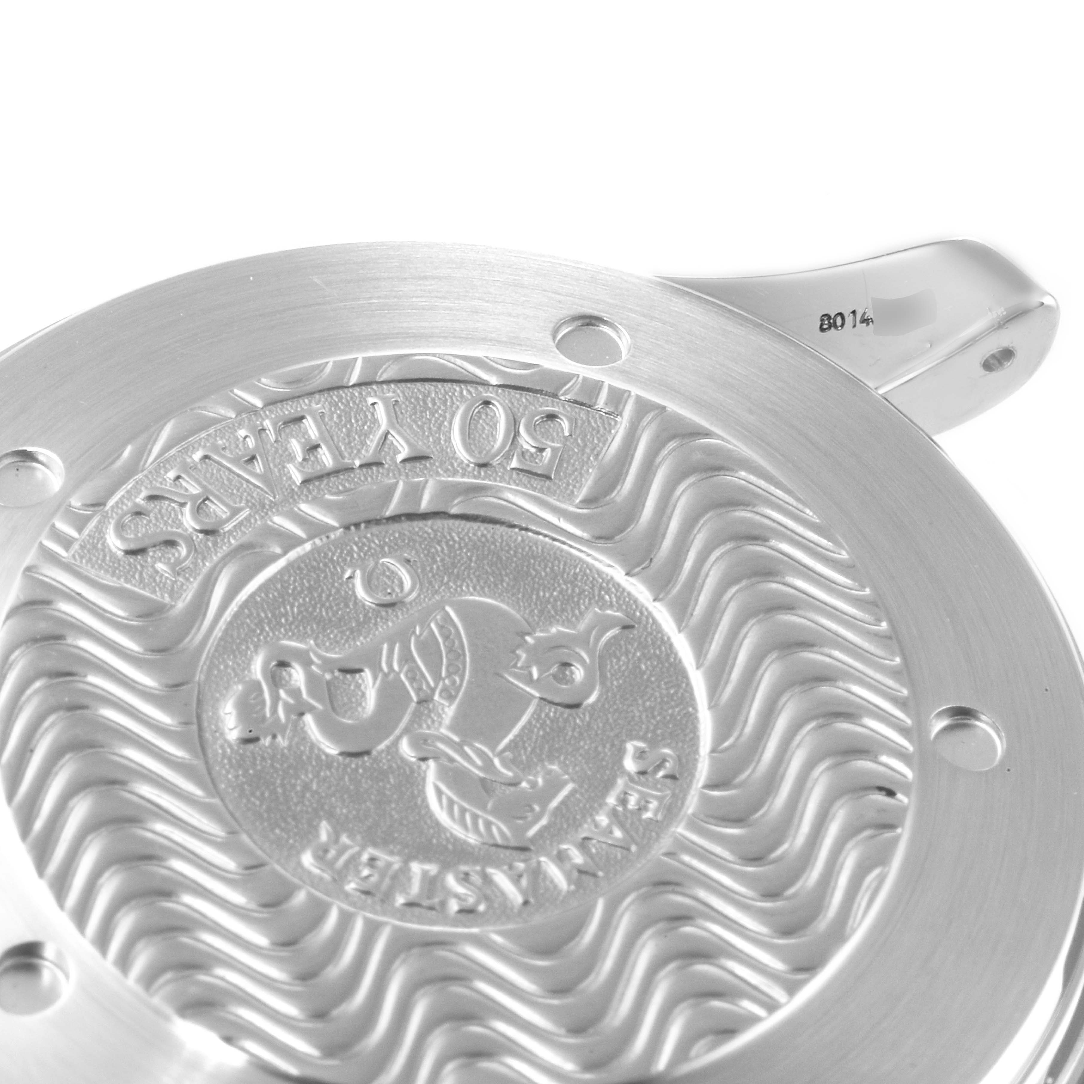 This image shows the case back of an Omega Seamaster 2234.50.00 Men's Stainless Steel Black Dial 2234.50.00 Men's Stainless Steel Black Dial watch, highlighting its intricate engraving and metallic finish.