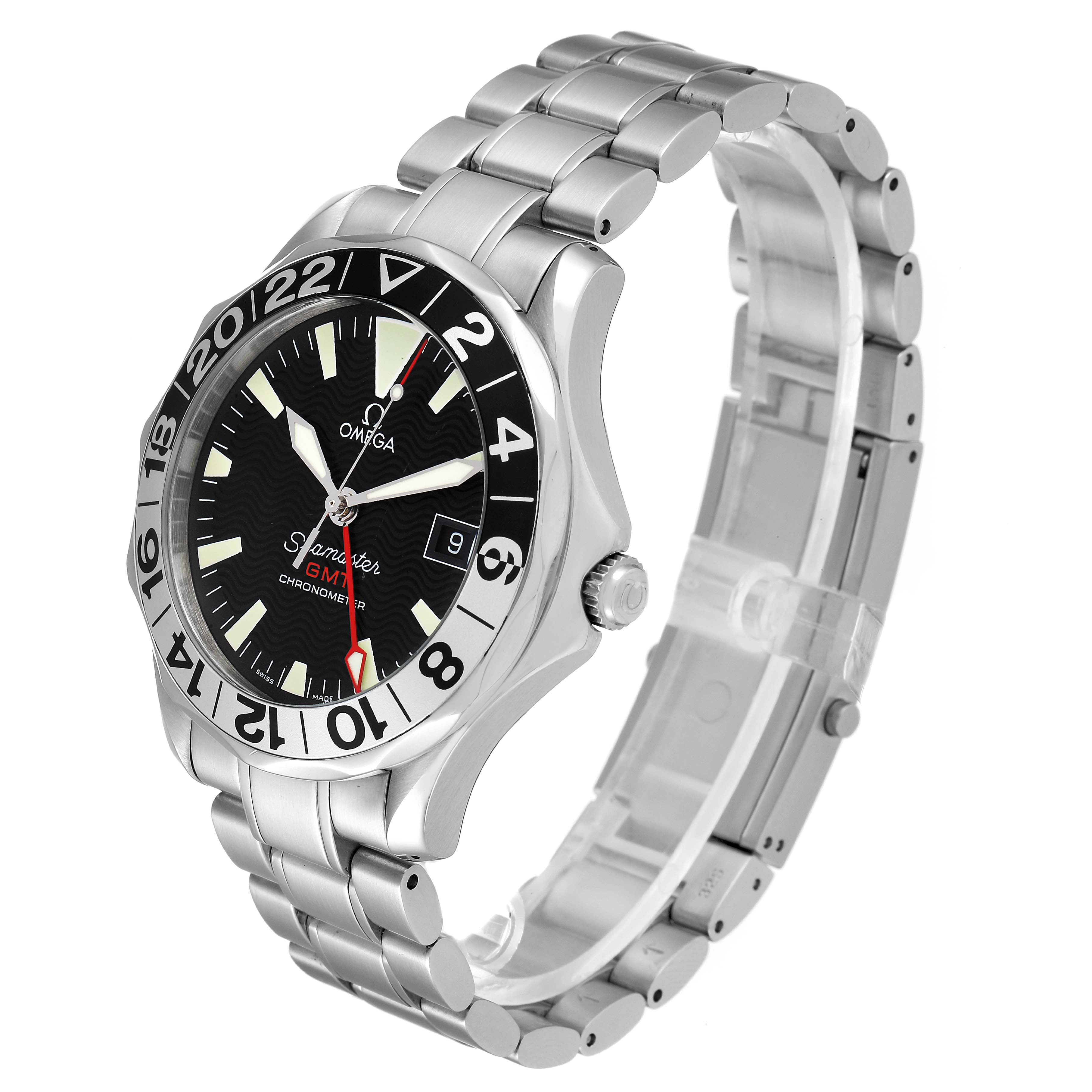 The Omega Seamaster 2234.50.00 Men's Stainless Steel Black Dial 2234.50.00 Men's Stainless Steel Black Dial watch is shown from an angled perspective, displaying the face, bezel, crown, and metal bracelet.