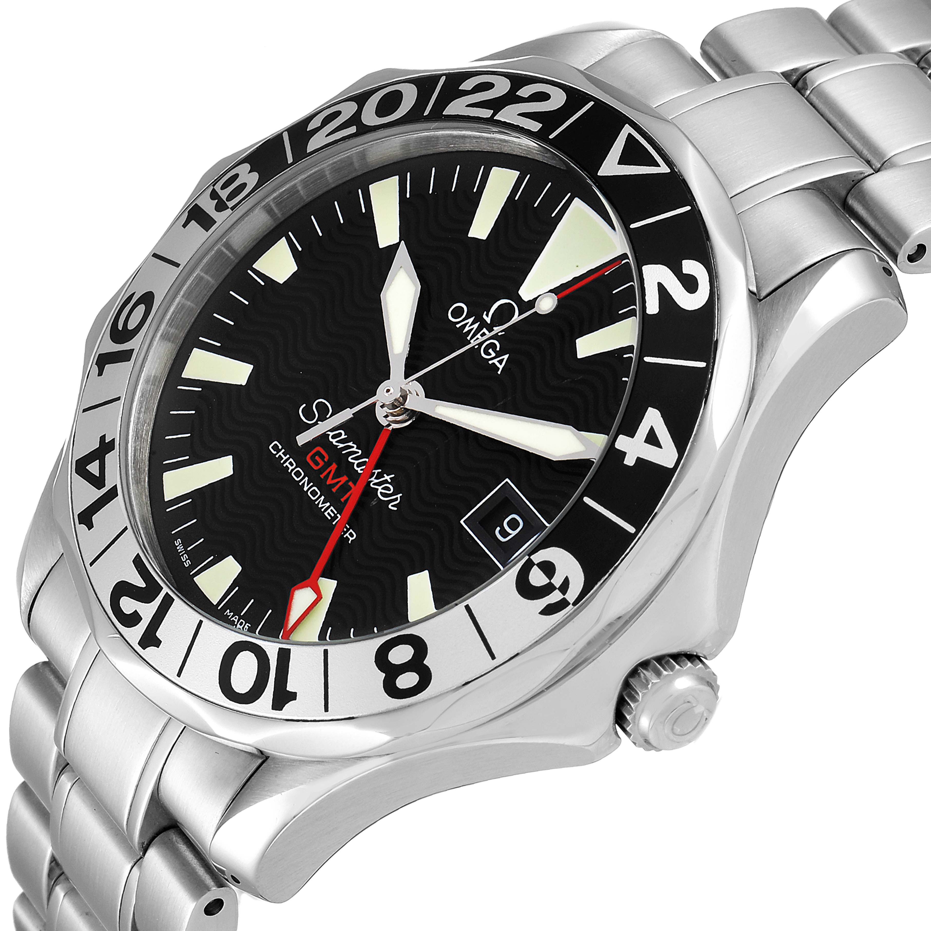 The Omega Seamaster 2234.50.00 Men's Stainless Steel Black Dial 2234.50.00 Men's Stainless Steel Black Dial watch is shown at a slight angle, highlighting the face, bezel, crown, and part of the bracelet.