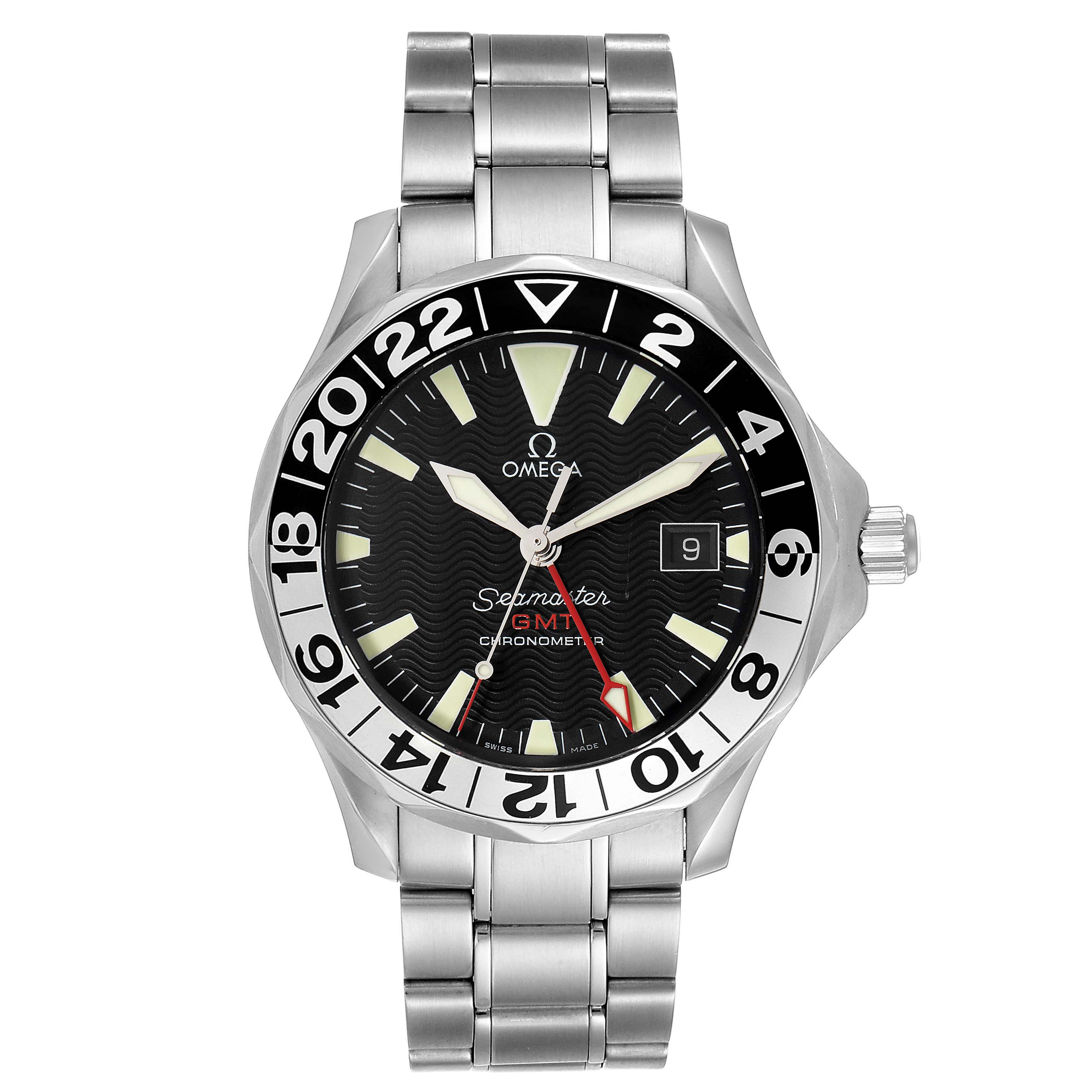 This image shows a frontal view of an Omega Seamaster 2234.50.00 Men's Stainless Steel Black Dial 2234.50.00 Men's Stainless Steel Black Dial GMT Chronometer watch with a stainless steel bracelet and a black dial.