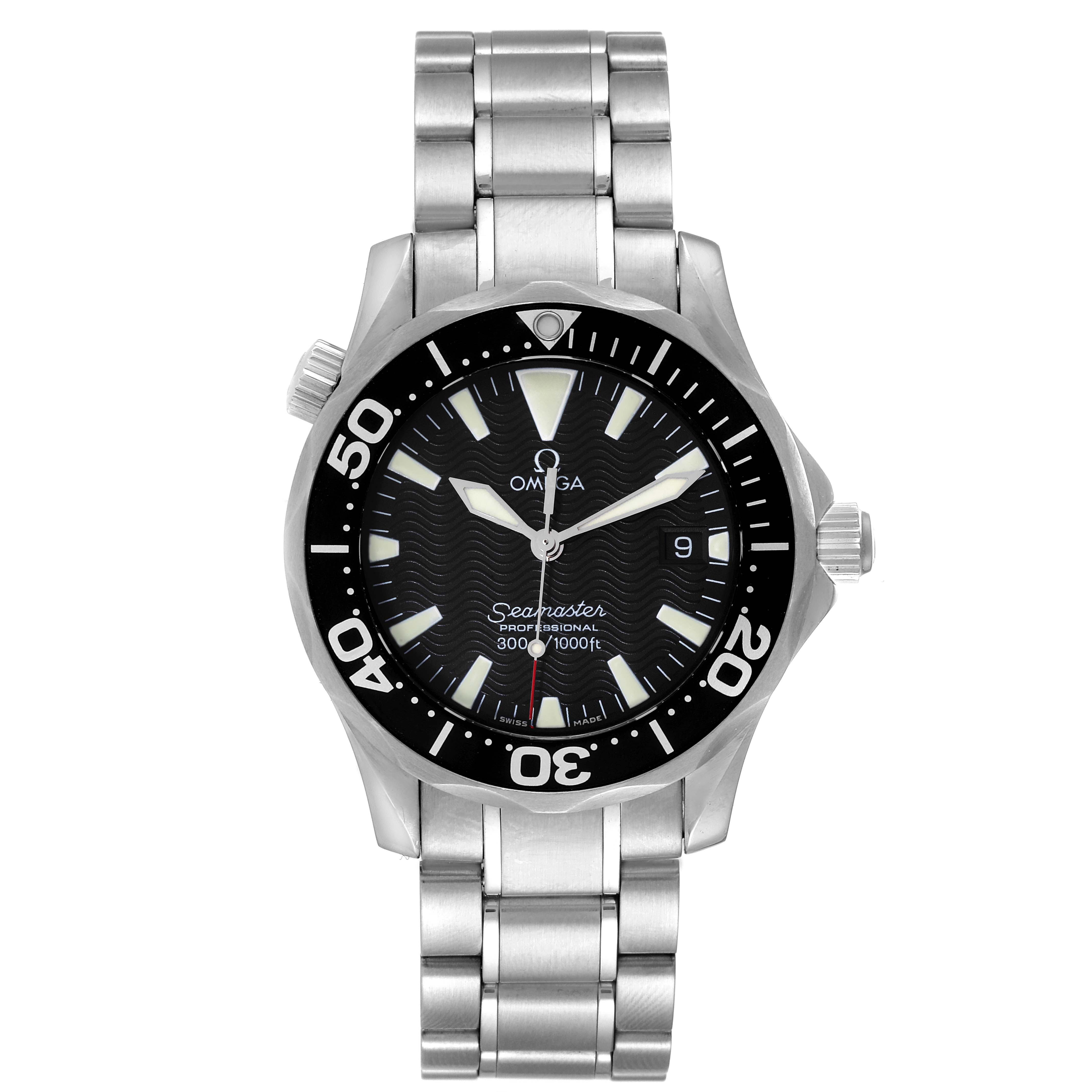 The Omega Seamaster 2262.50.00 Men's Stainless Steel Black Dial 2262.50.00 Men's Stainless Steel Black Dial watch is shown from a front view, highlighting its face, bezel, crown, and metal bracelet.