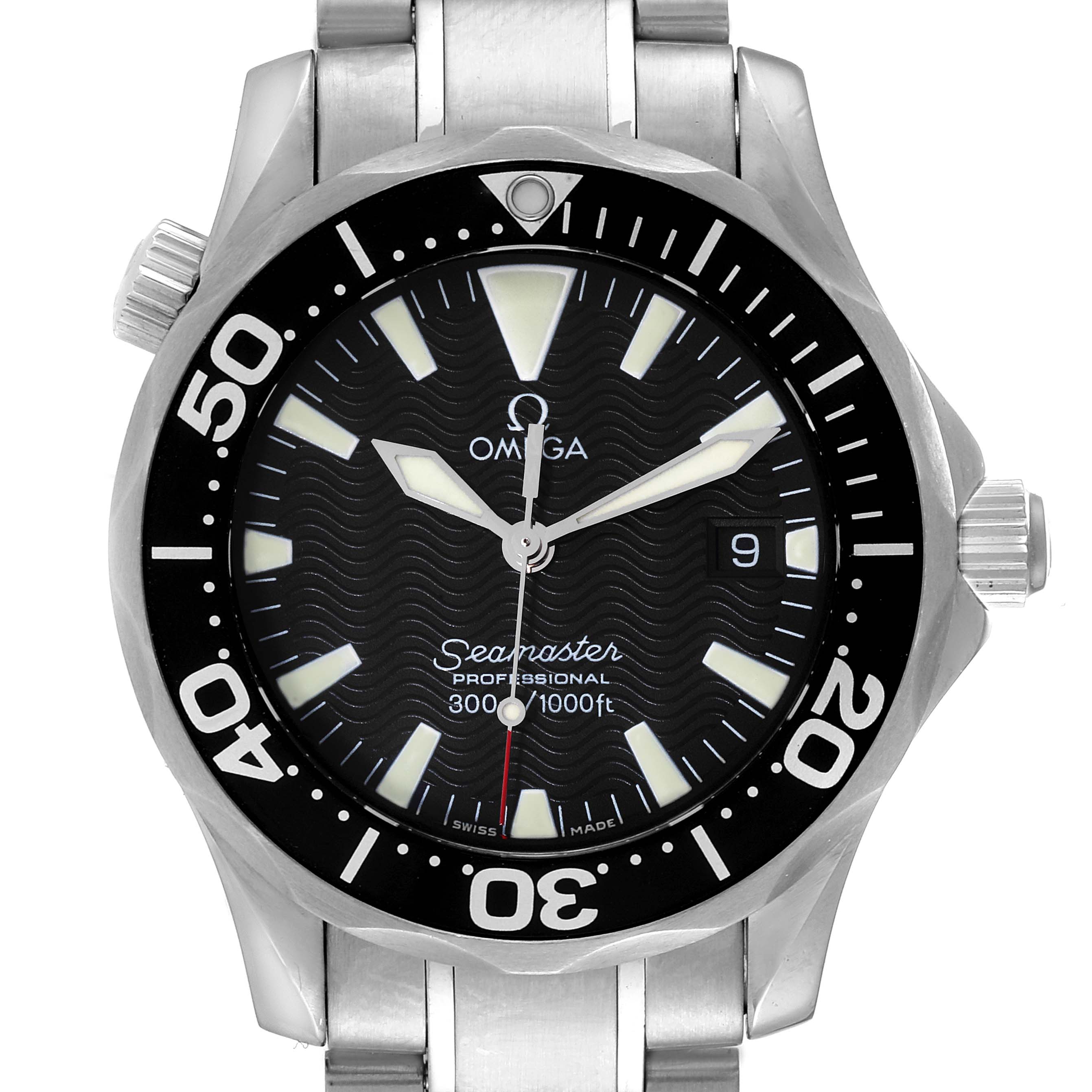 The image shows a frontal view of the Omega Seamaster 2262.50.00 Men's Stainless Steel Black Dial 2262.50.00 Men's Stainless Steel Black Dial watch, highlighting its dial, bezel, and part of the bracelet.