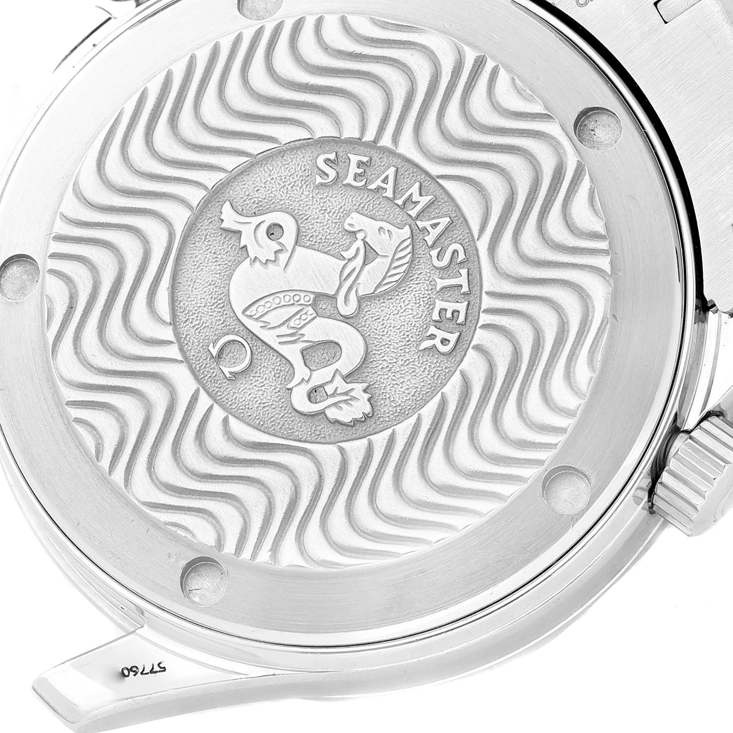 The image shows the engraved case back of an Omega Seamaster 2262.50.00 Men's Stainless Steel Black Dial 2262.50.00 Men's Stainless Steel Black Dial watch.