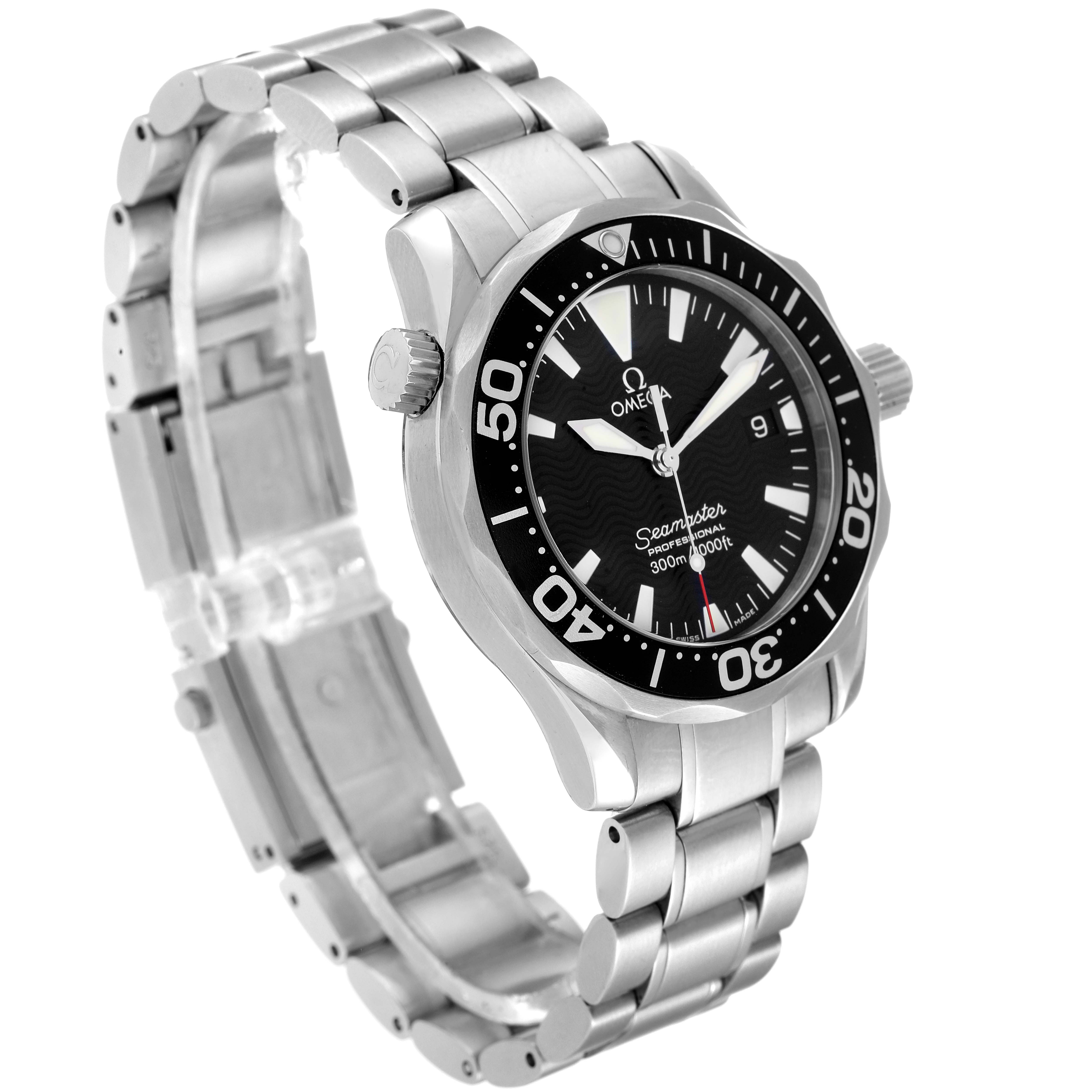 The Omega Seamaster 2262.50.00 Men's Stainless Steel Black Dial 2262.50.00 Men's Stainless Steel Black Dial watch is shown at a diagonal angle, highlighting its face, bezel, and stainless steel bracelet.