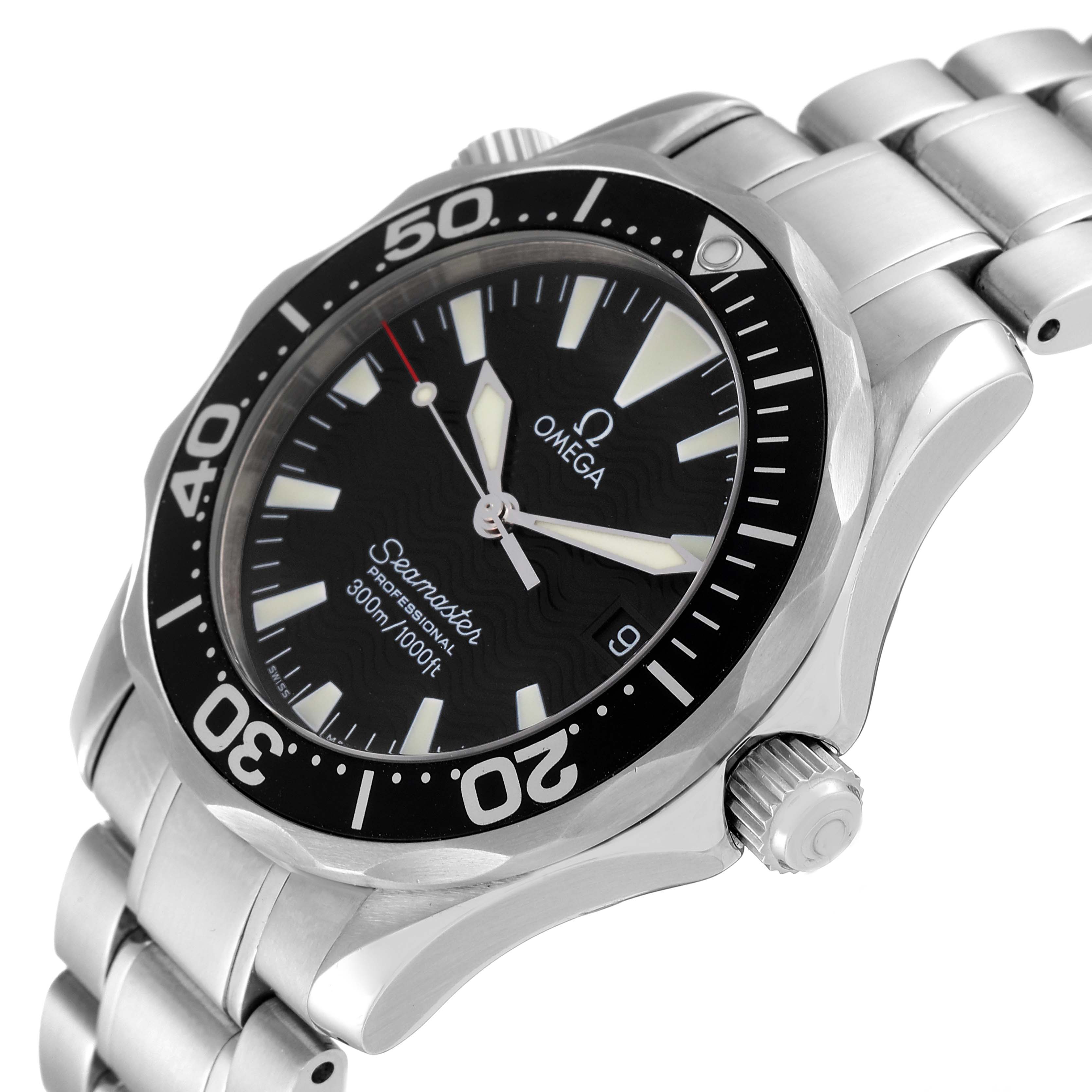 The image showcases the Omega Seamaster 2262.50.00 Men's Stainless Steel Black Dial 2262.50.00 Men's Stainless Steel Black Dial watch at an angled close-up, displaying the dial, bezel, crown, and part of the bracelet.