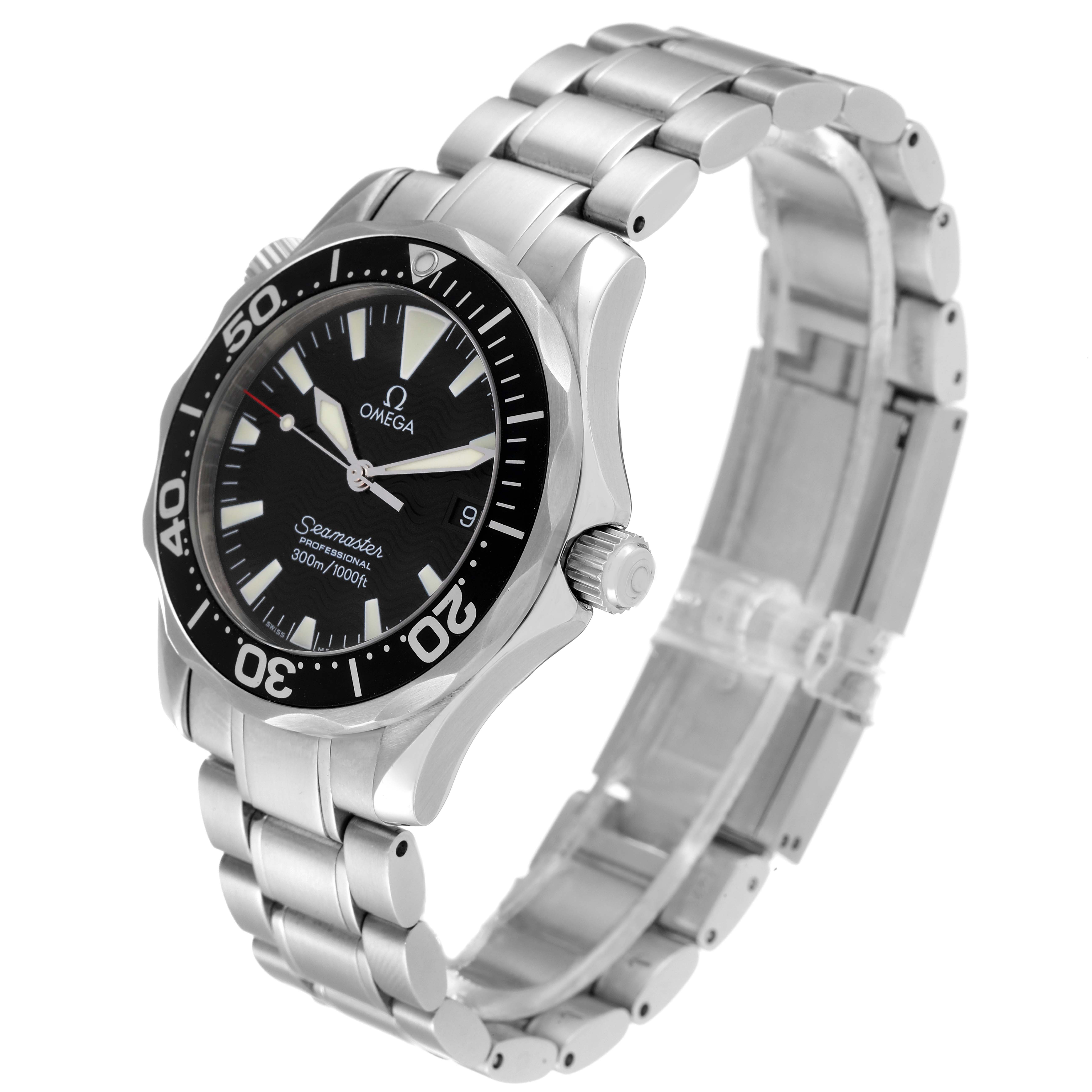 The image shows an Omega Seamaster 2262.50.00 Men's Stainless Steel Black Dial 2262.50.00 Men's Stainless Steel Black Dial watch at a slight angle, displaying the face, bezel, and stainless steel bracelet.