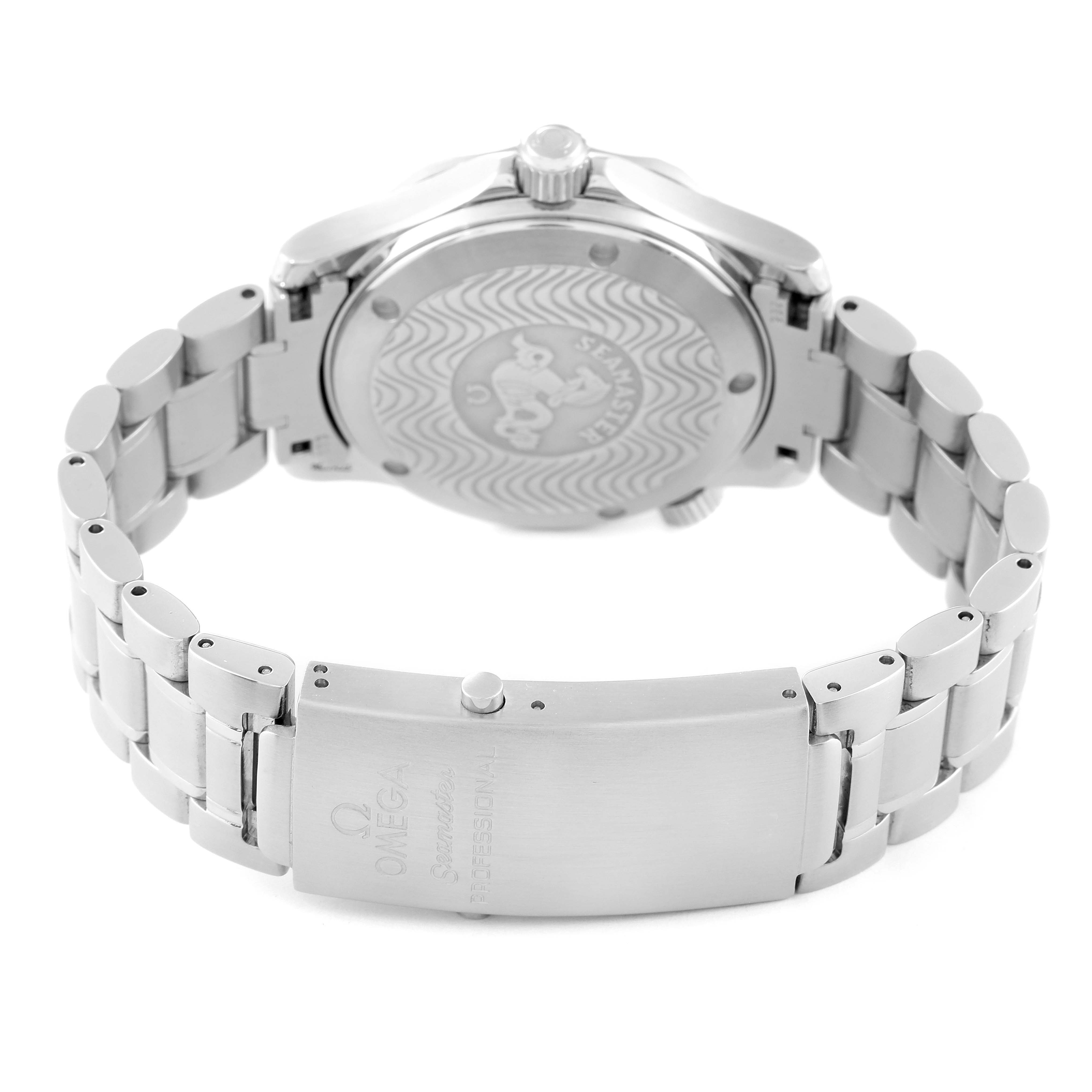 The image shows the backside and clasp of an Omega Seamaster 2262.50.00 Men's Stainless Steel Black Dial 2262.50.00 Men's Stainless Steel Black Dial watch with the case back and bracelet clearly visible.