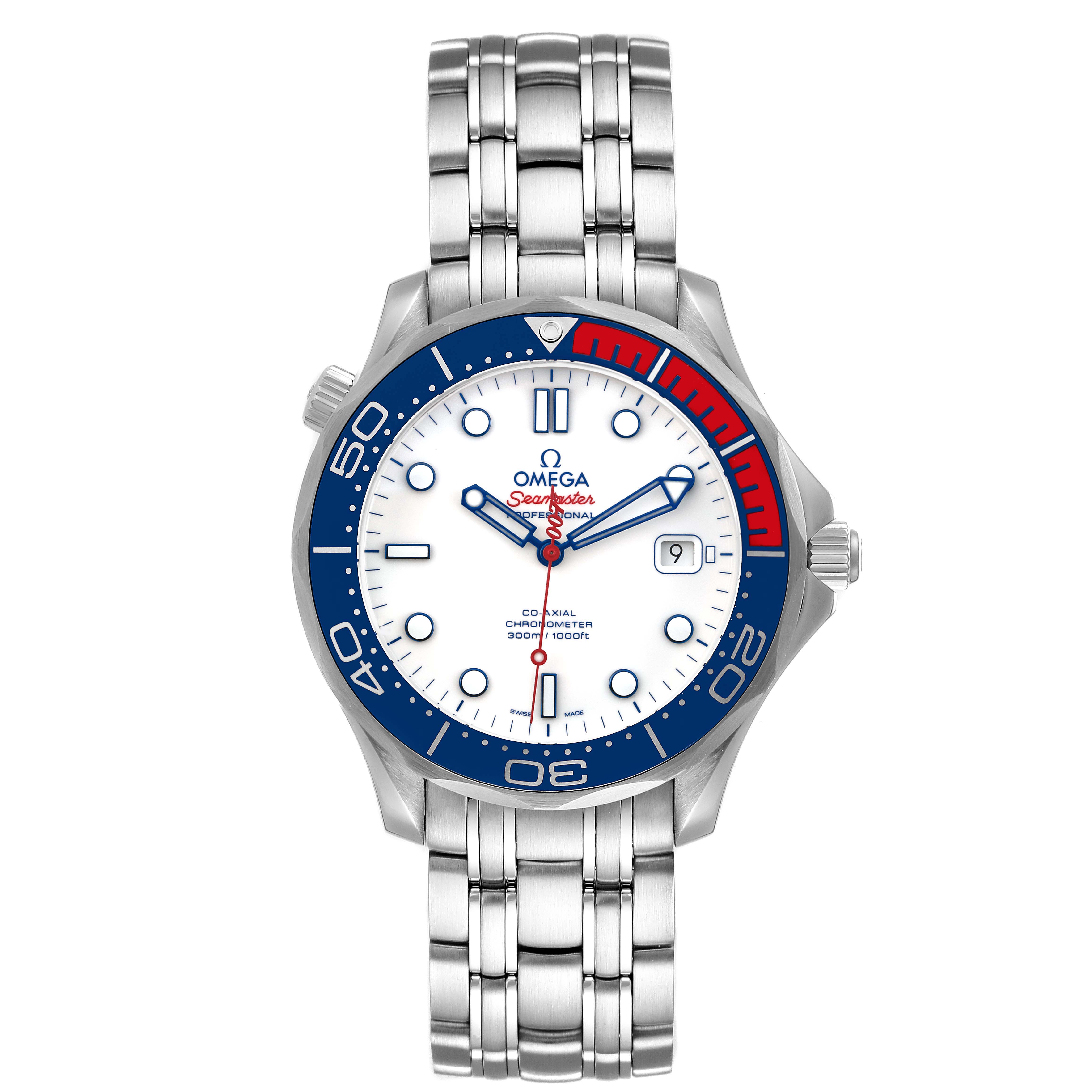 The image shows a front view of an Omega Seamaster 212.32.41.20.04.001 Men's Stainless Steel White Dial 212.32.41.20.04.001 Men's Stainless Steel White Dial watch with a stainless steel bracelet, white dial, and a blue and red bezel.