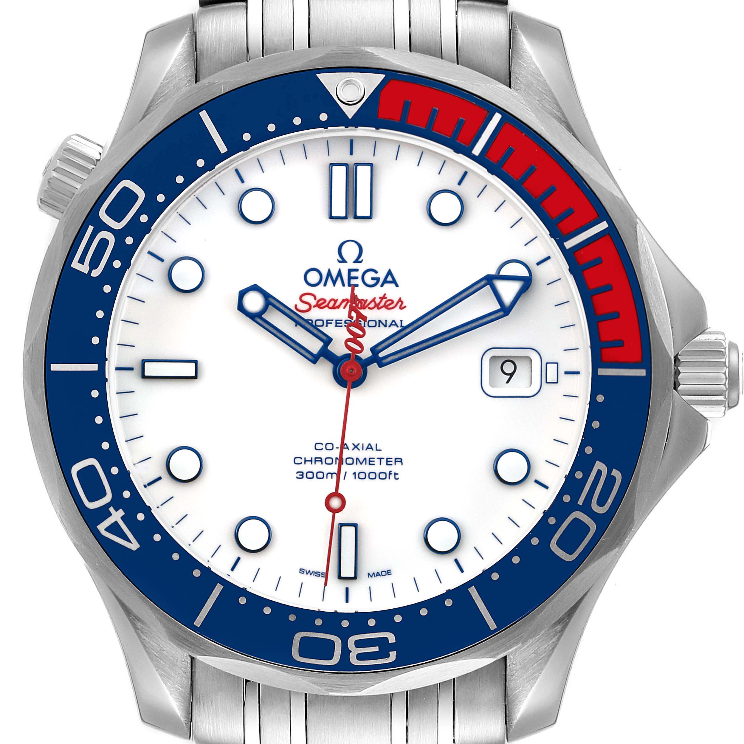 The Omega Seamaster 212.32.41.20.04.001 Men's Stainless Steel White Dial 212.32.41.20.04.001 Men's Stainless Steel White Dial watch is shown from a front angle, highlighting its dial, bezel, and date window.