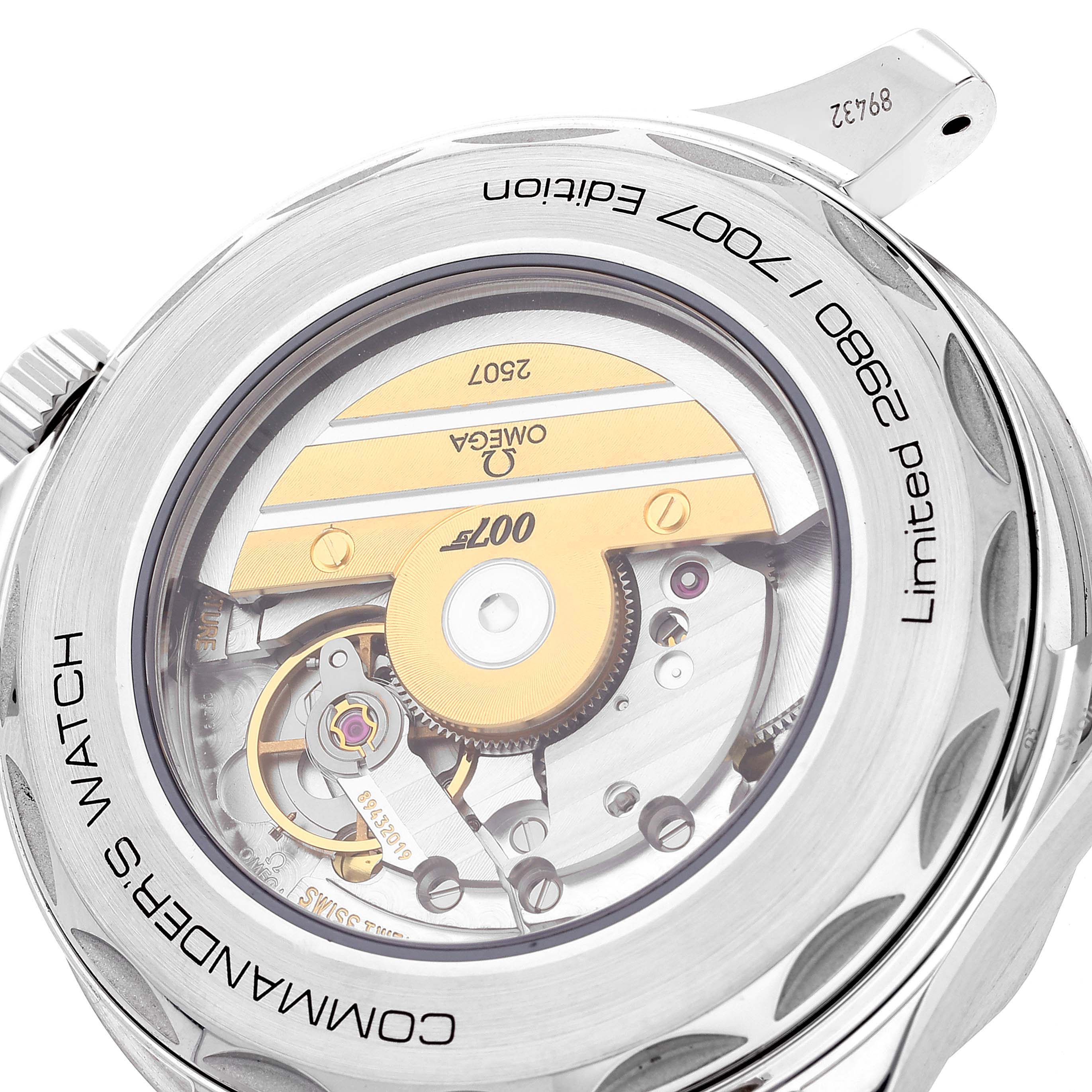 The image shows the back of an Omega Seamaster 212.32.41.20.04.001 Men's Stainless Steel White Dial 212.32.41.20.04.001 Men's Stainless Steel White Dial watch, focusing on its exposed movement mechanisms.