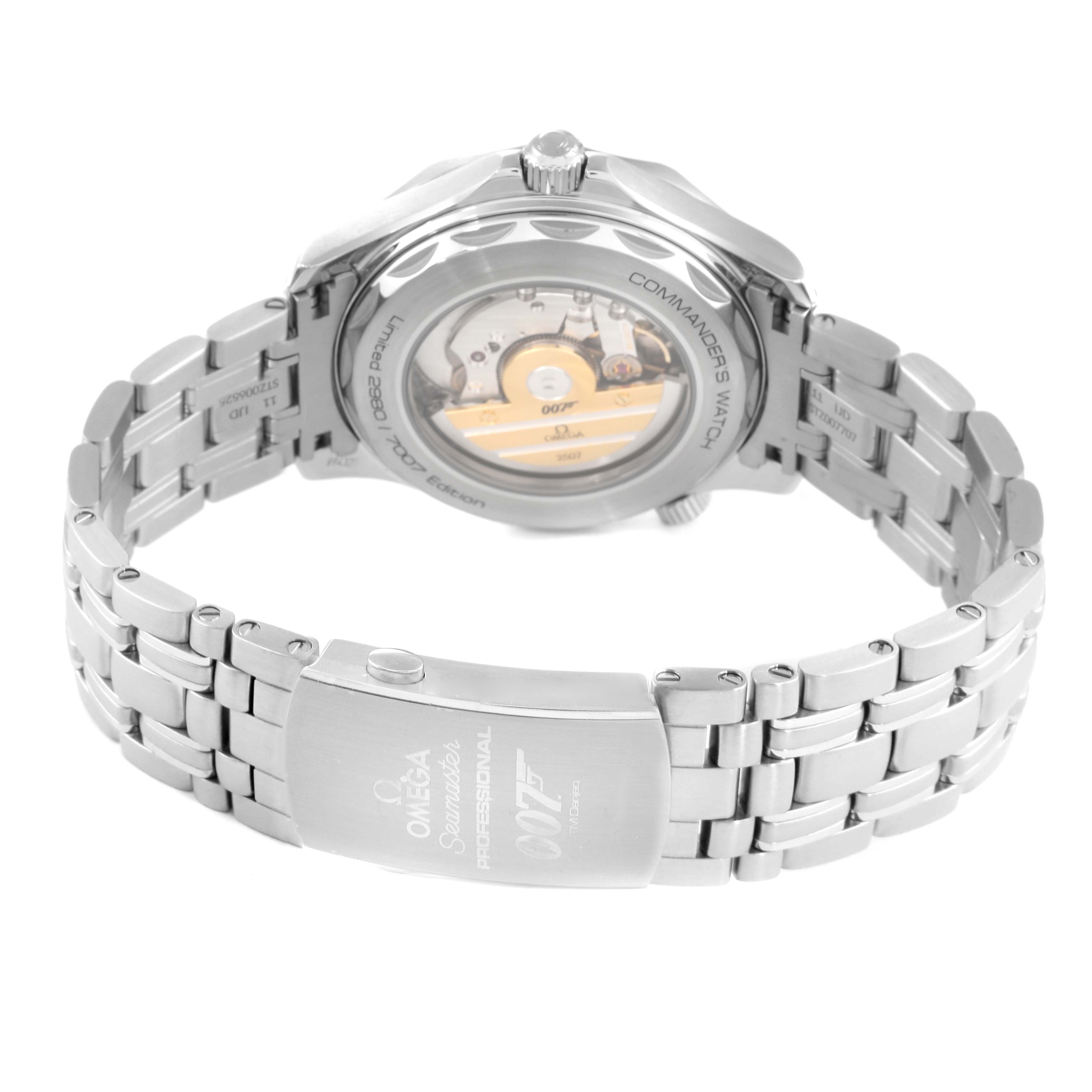 The image shows the back and bracelet of an Omega Seamaster 212.32.41.20.04.001 Men's Stainless Steel White Dial 212.32.41.20.04.001 Men's Stainless Steel White Dial, highlighting the transparent case back and clasp engravings.