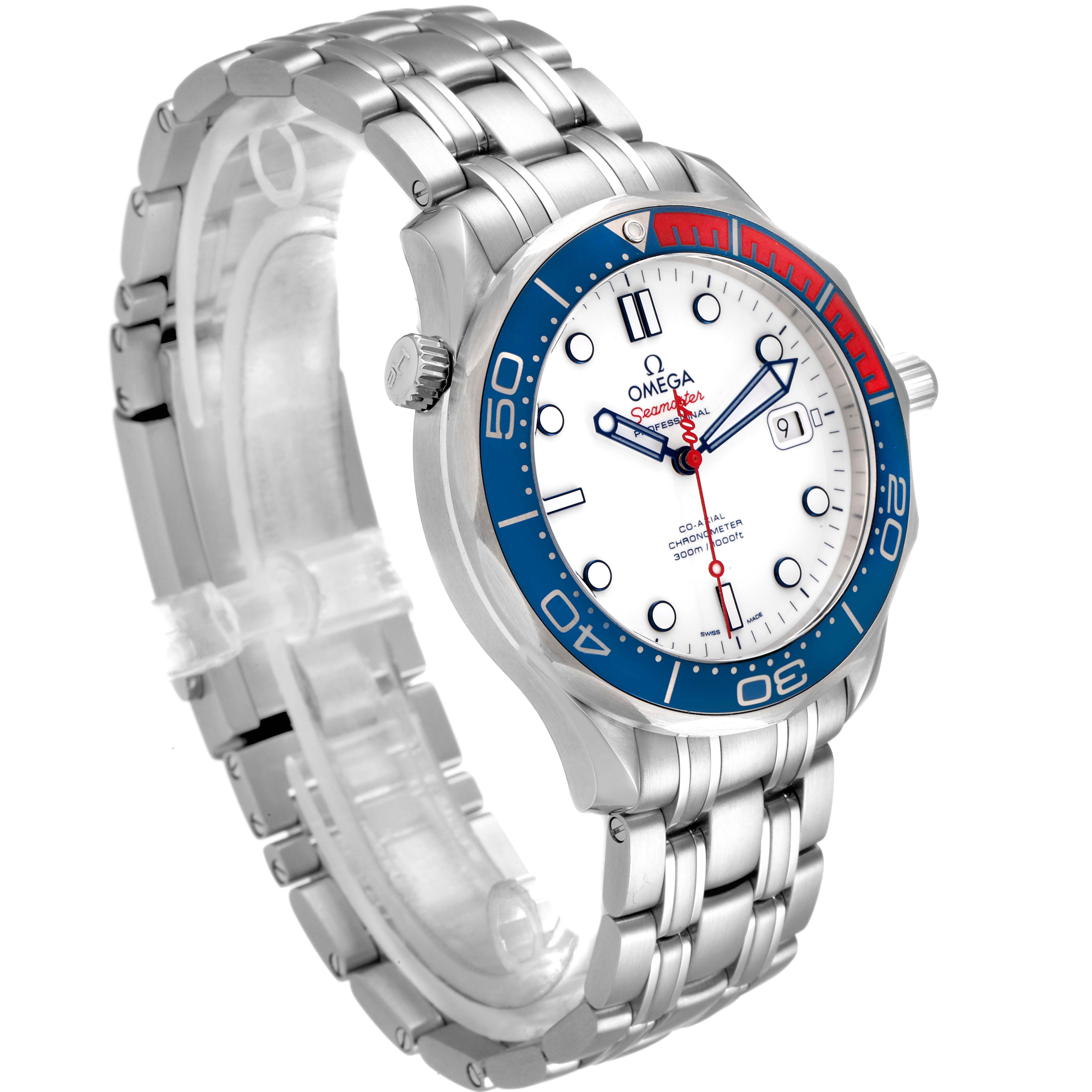 The image shows a side-front angle of an Omega Seamaster 212.32.41.20.04.001 Men's Stainless Steel White Dial 212.32.41.20.04.001 Men's Stainless Steel White Dial watch with a blue bezel and a stainless steel bracelet.