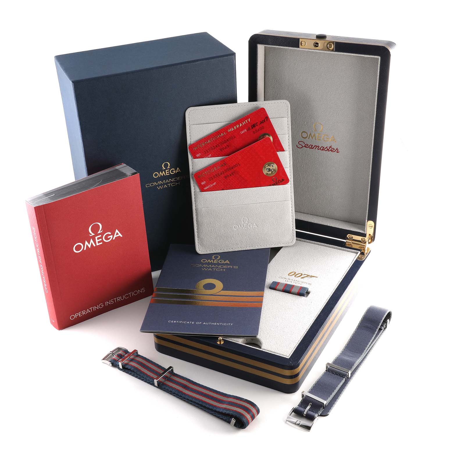 The image shows the box and accessories of the Omega Seamaster 212.32.41.20.04.001 Men's Stainless Steel White Dial 212.32.41.20.04.001 Men's Stainless Steel White Dial model, including the manual, certificates, extra straps, and packaging.