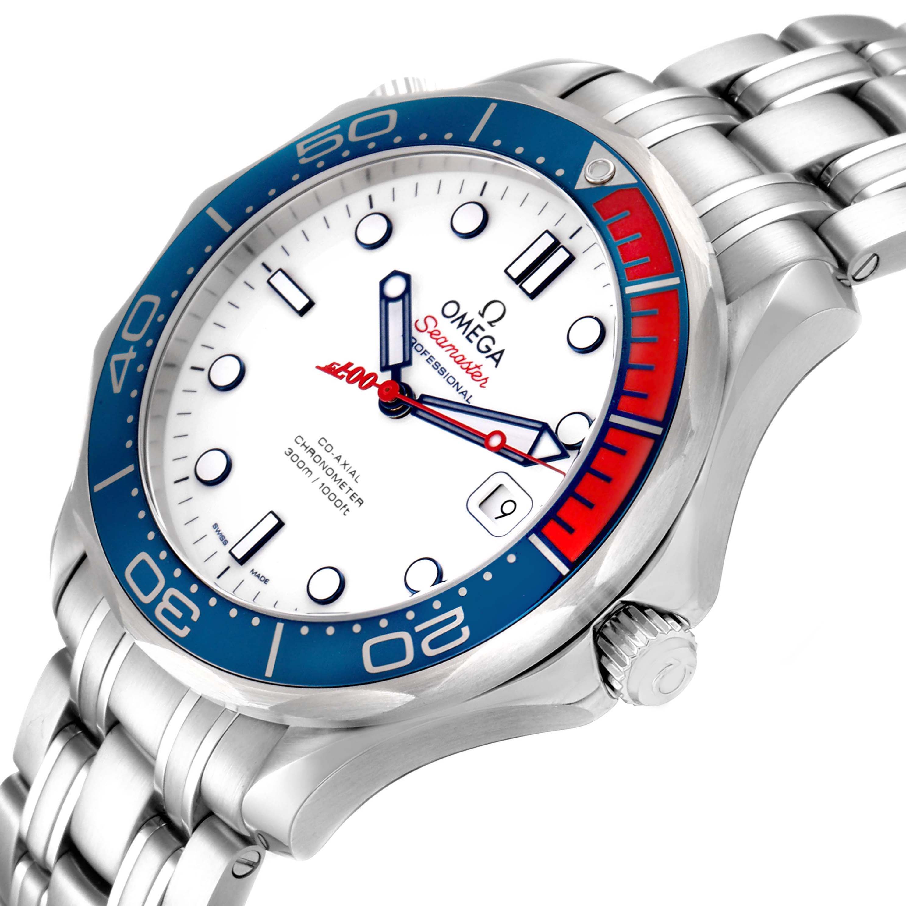 This image shows an angled view of the Omega Seamaster 212.32.41.20.04.001 Men's Stainless Steel White Dial 212.32.41.20.04.001 Men's Stainless Steel White Dial watch, highlighting the face, bezel, crown, and bracelet.