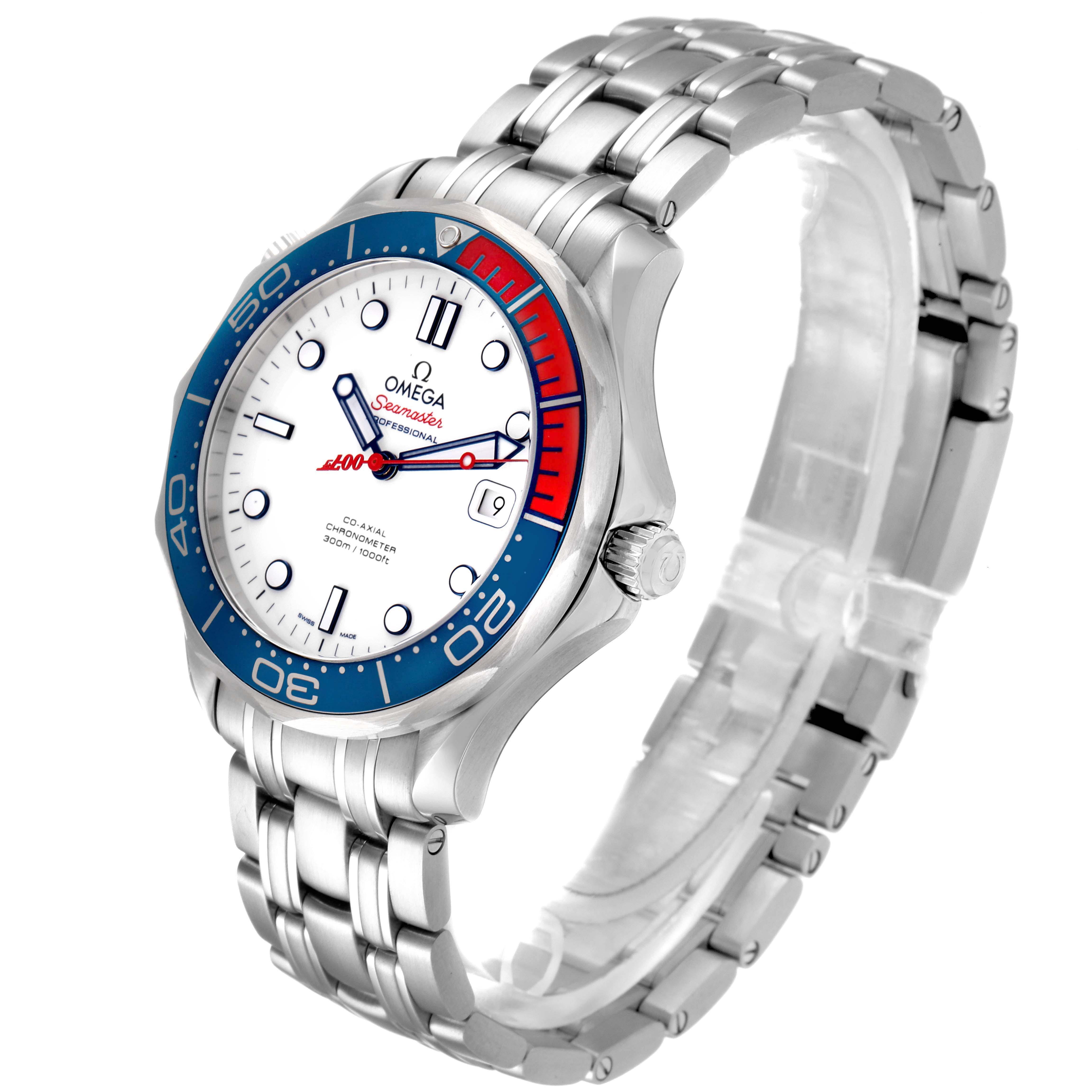 The image shows an Omega Seamaster 212.32.41.20.04.001 Men's Stainless Steel White Dial 212.32.41.20.04.001 Men's Stainless Steel White Dial watch at a three-quarter angle, highlighting the face, bezel, and stainless steel bracelet.