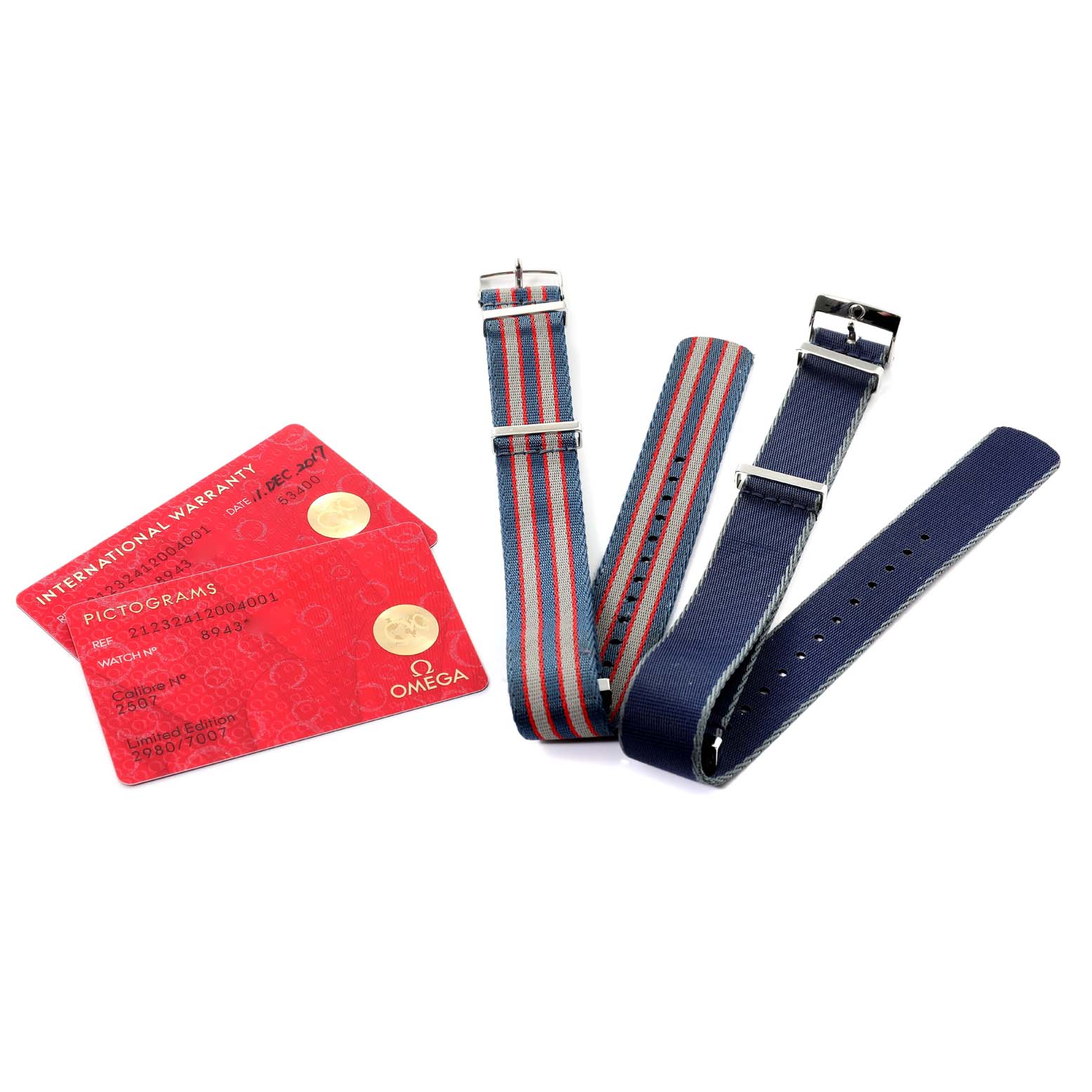 The image shows Omega Seamaster 212.32.41.20.04.001 Men's Stainless Steel White Dial 212.32.41.20.04.001 Men's Stainless Steel White Dial watch accessories, including two NATO straps and international warranty cards.