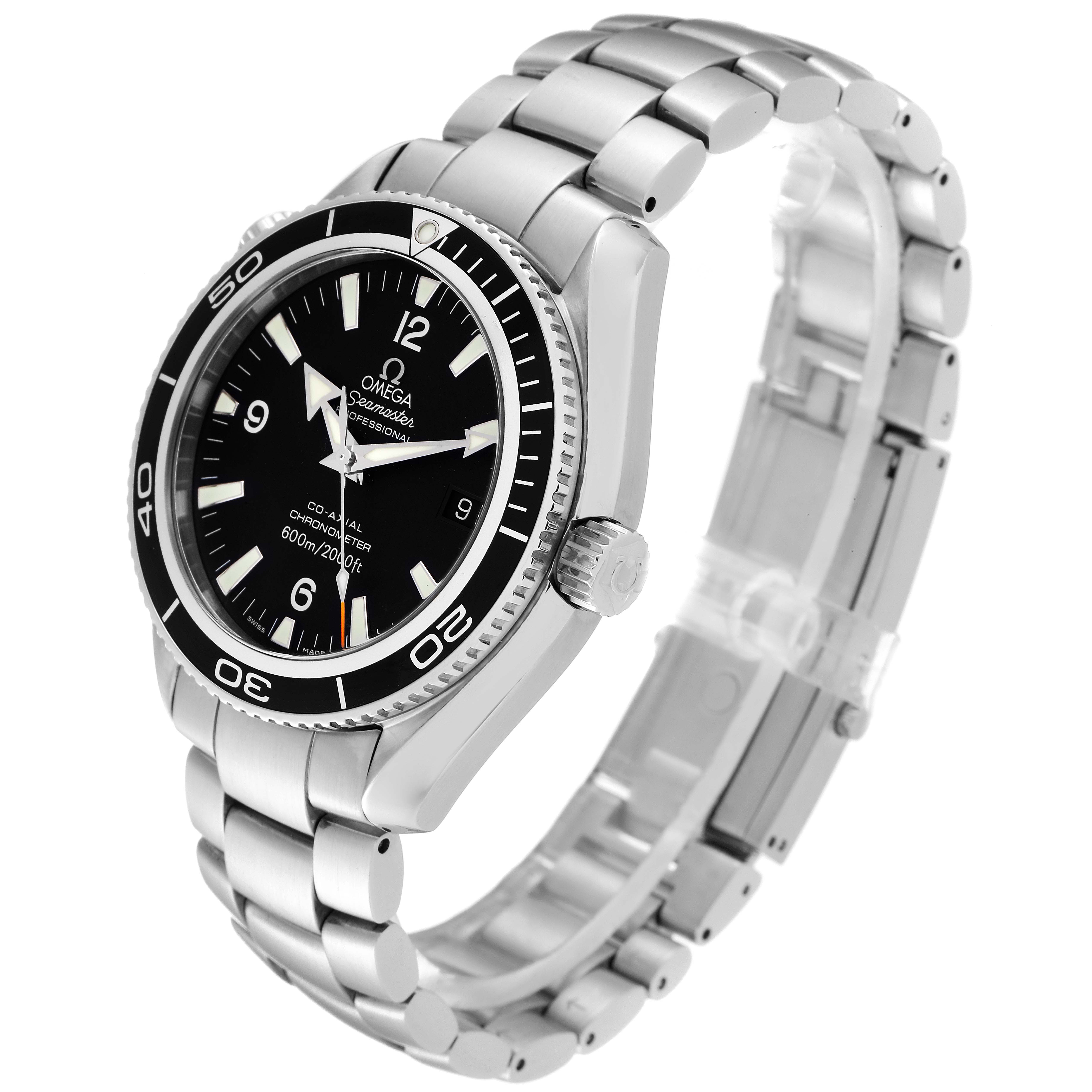 The Omega Planet Ocean 2201.50.00 Men's Stainless Steel Black Dial 2201.50.00 Men's Stainless Steel Black Dial watch is shown at a three-quarter angle, highlighting its face, bezel, and metal bracelet.