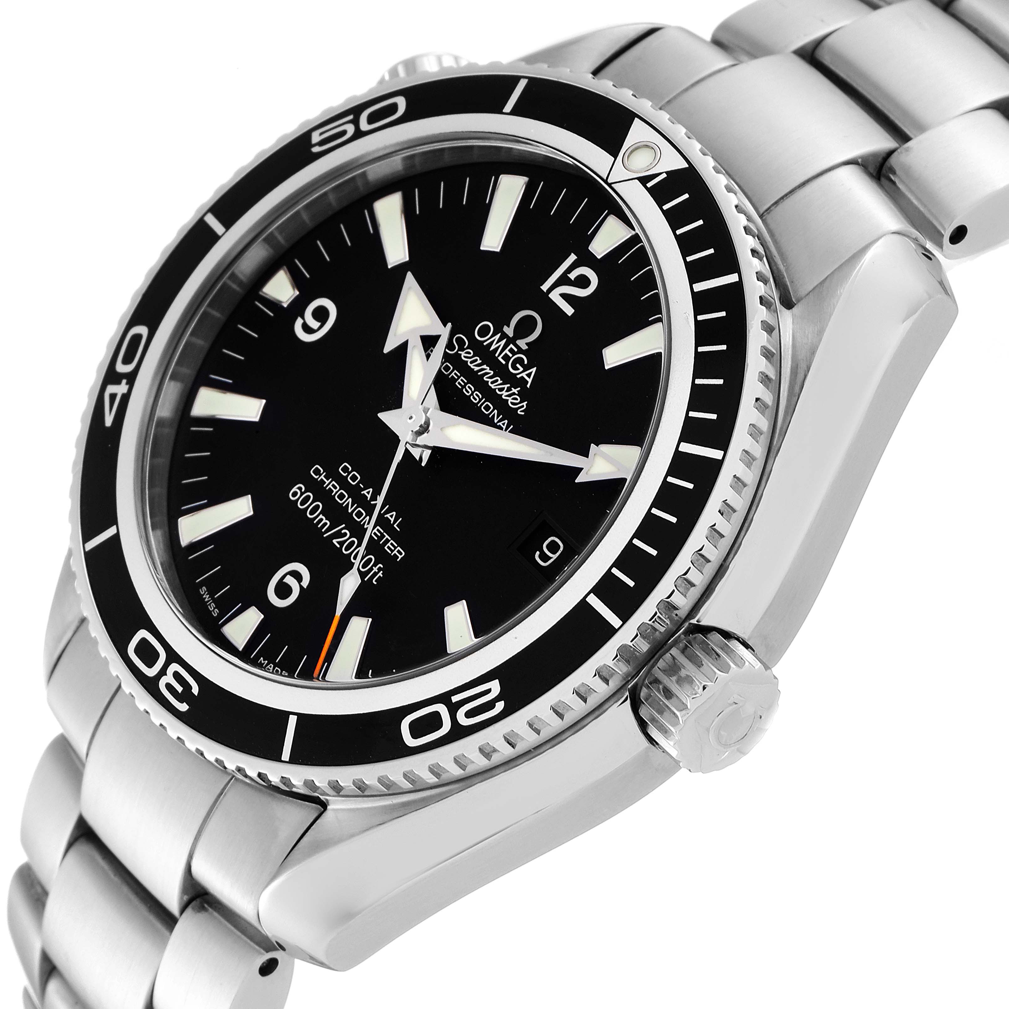 The Omega Planet Ocean 2201.50.00 Men's Stainless Steel Black Dial 2201.50.00 Men's Stainless Steel Black Dial watch is shown at a three-quarter angle, highlighting the dial, bezel, crown, and bracelet.