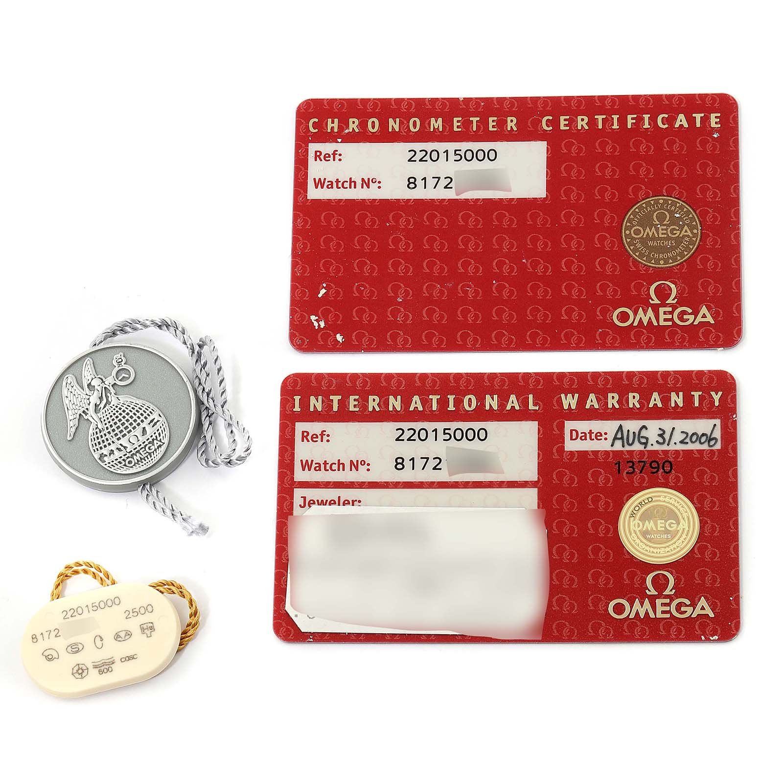 The image shows the chronometer certificate, international warranty cards, and accessories for the Omega Planet Ocean 2201.50.00 Men's Stainless Steel Black Dial 2201.50.00 Men's Stainless Steel Black Dial watch.