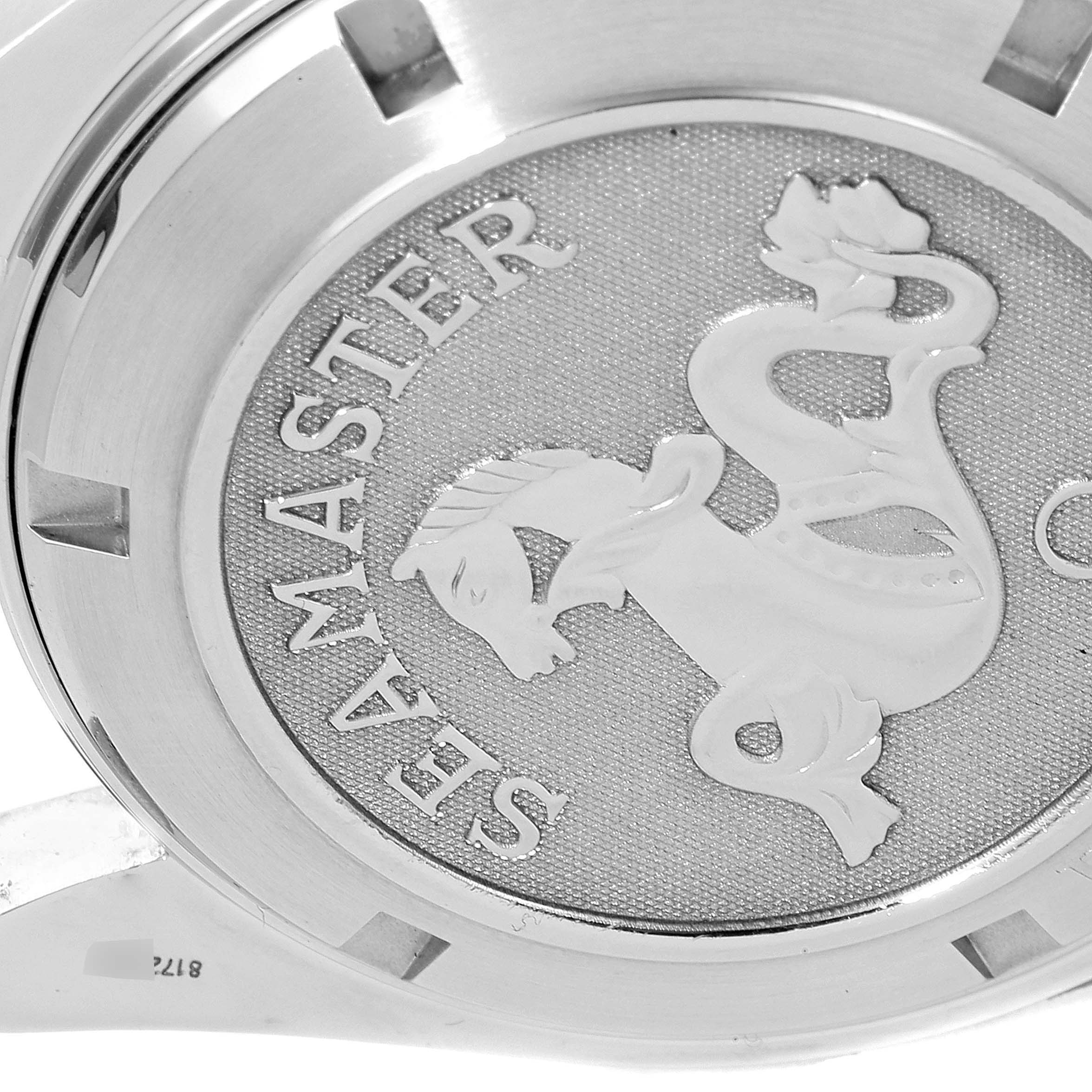 The image shows the case back of the Omega Planet Ocean 2201.50.00 Men's Stainless Steel Black Dial 2201.50.00 Men's Stainless Steel Black Dial watch, featuring the Seamaster logo.