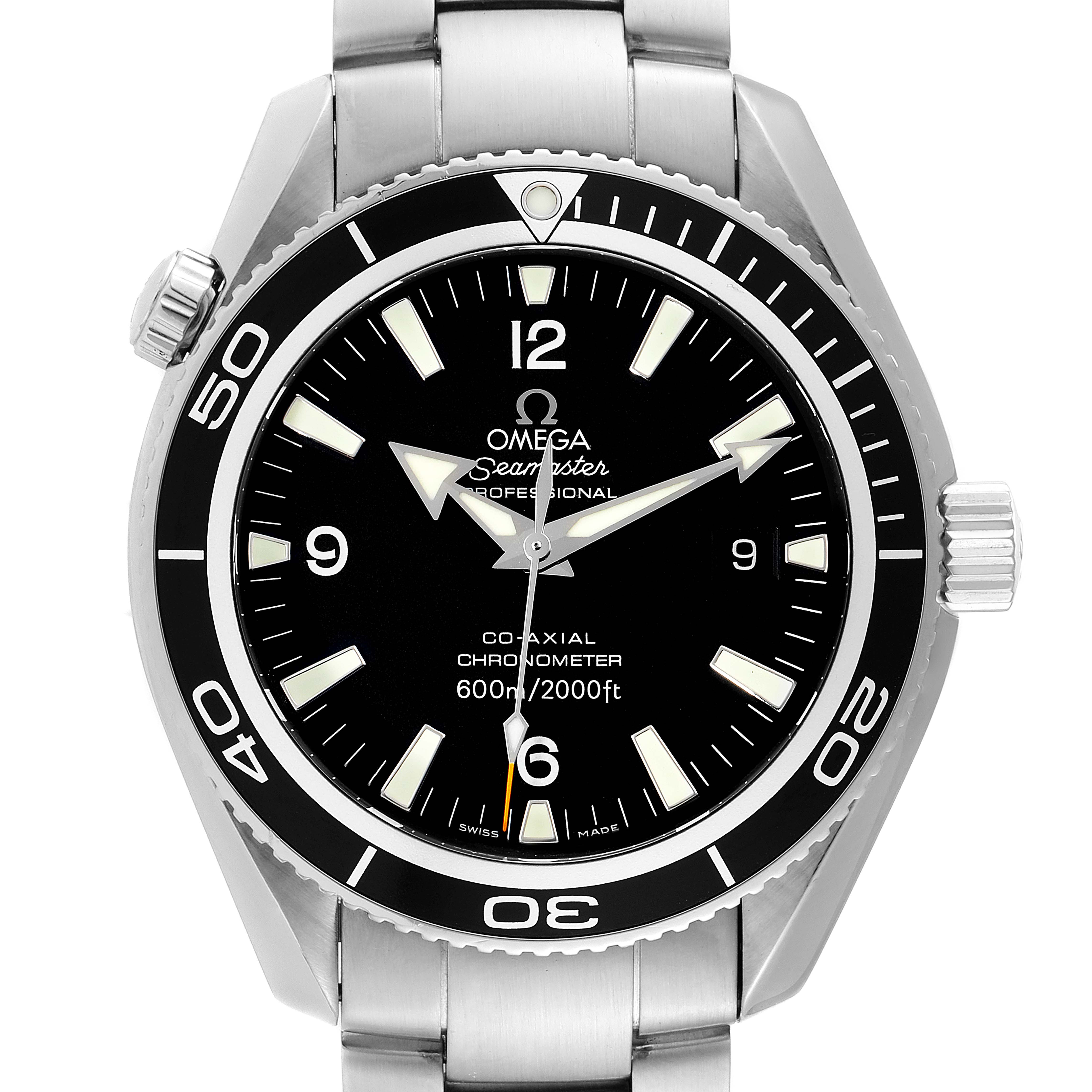 This image shows a front view of the Omega Planet Ocean 2201.50.00 Men's Stainless Steel Black Dial 2201.50.00 Men's Stainless Steel Black Dial model watch, displaying its dial, bezel, and stainless steel bracelet.