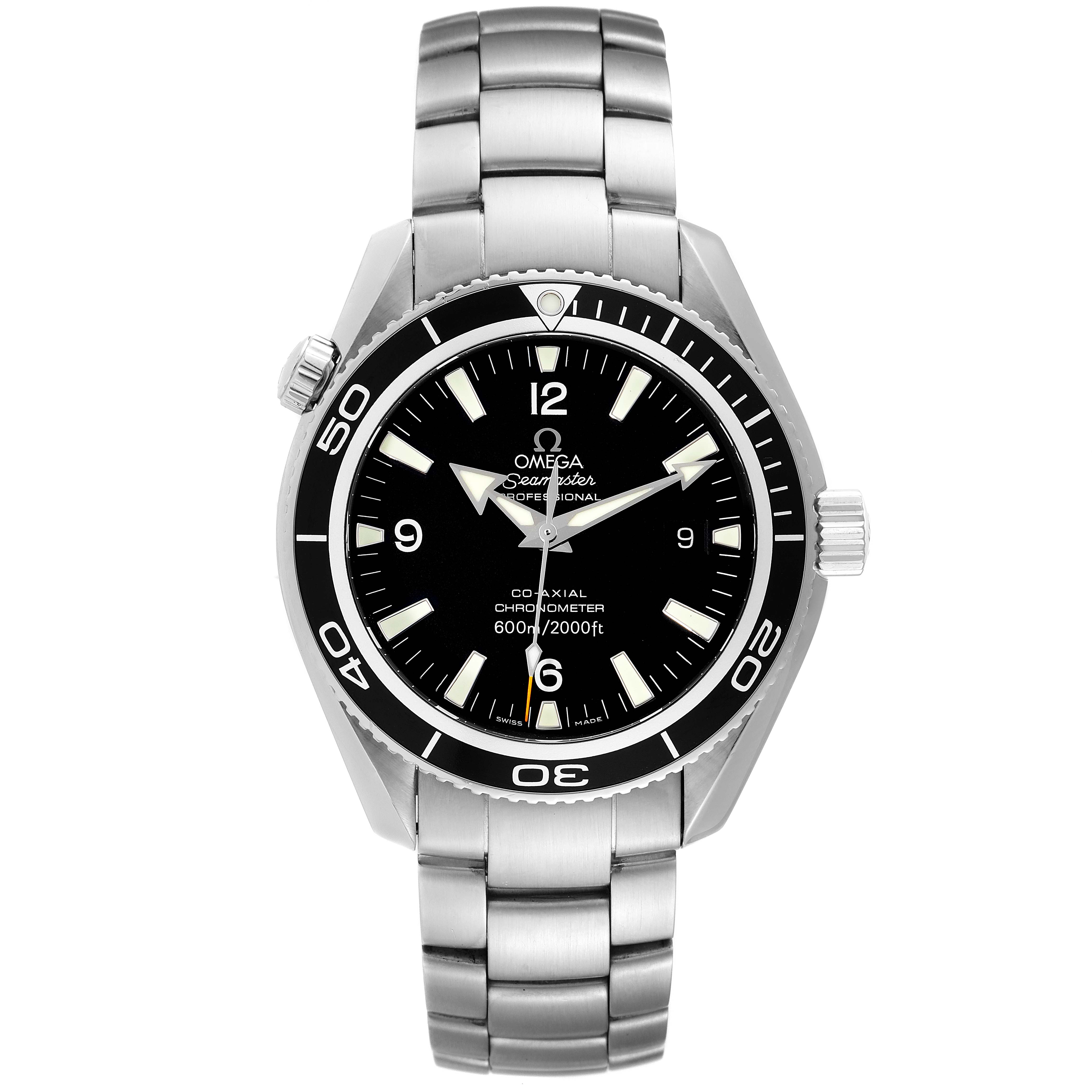 The image shows a front view of the Omega Planet Ocean 2201.50.00 Men's Stainless Steel Black Dial 2201.50.00 Men's Stainless Steel Black Dial watch, showcasing its dial, bezel, and stainless steel bracelet.