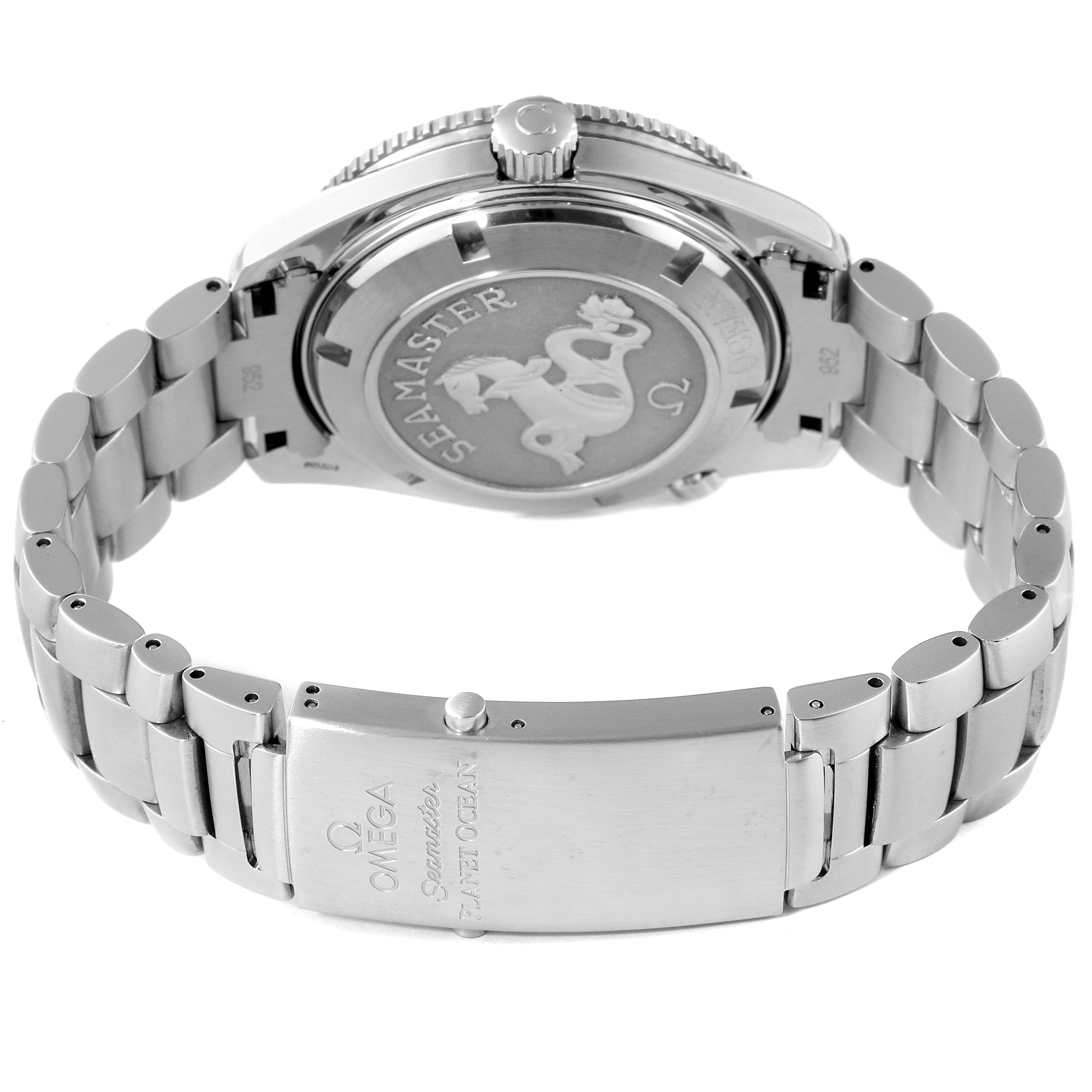 The image shows the back case, crown, and metal bracelet with the clasp of the Omega Planet Ocean 2201.50.00 Men's Stainless Steel Black Dial 2201.50.00 Men's Stainless Steel Black Dial watch.