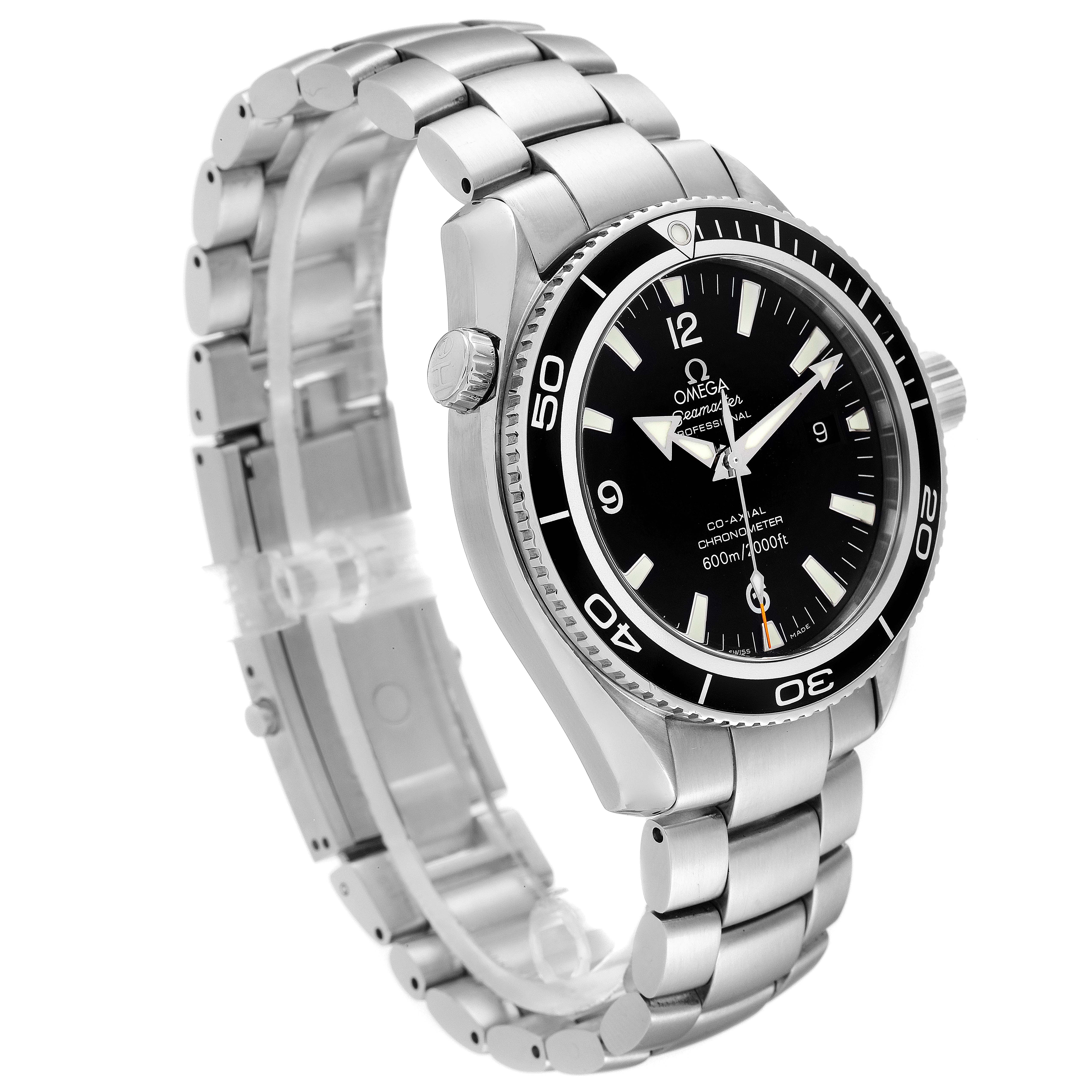The Omega Planet Ocean 2201.50.00 Men's Stainless Steel Black Dial 2201.50.00 Men's Stainless Steel Black Dial watch is shown at a three-quarter angle, highlighting the face, bezel, and part of the bracelet.