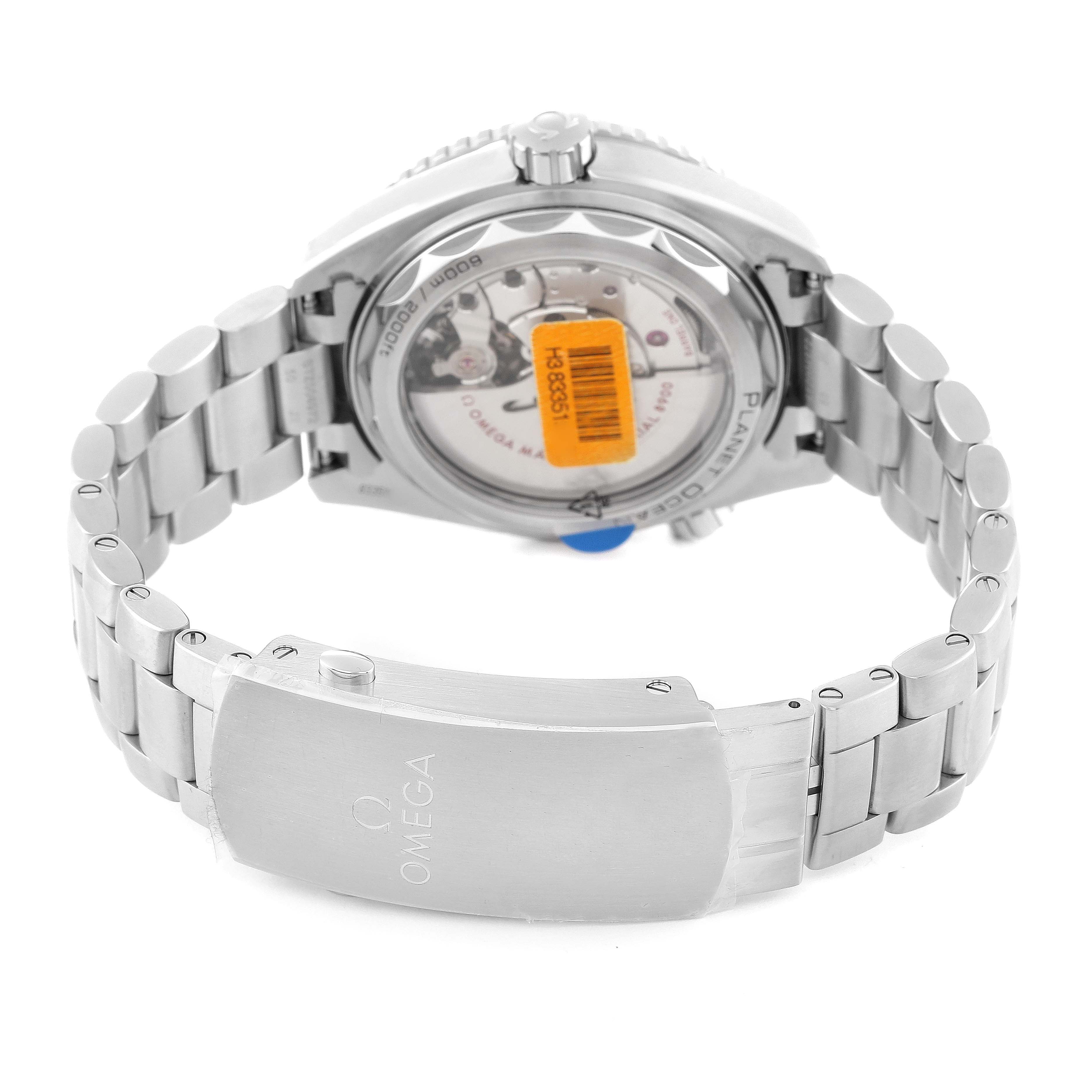 This image showcases the back view and bracelet of the Omega Planet Ocean 215.30.44.21.03.001 Men's Stainless Steel Blue Dial 215.30.44.21.03.001 Men's Stainless Steel Blue Dial watch, highlighting its transparent case back and clasp.