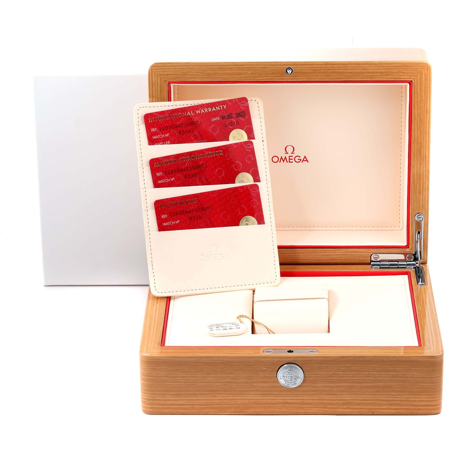 The image shows an Omega Planet Ocean 215.30.44.21.03.001 Men's Stainless Steel Blue Dial 215.30.44.21.03.001 Men's Stainless Steel Blue Dial watch box with warranty cards and accessories in a front-facing angle.