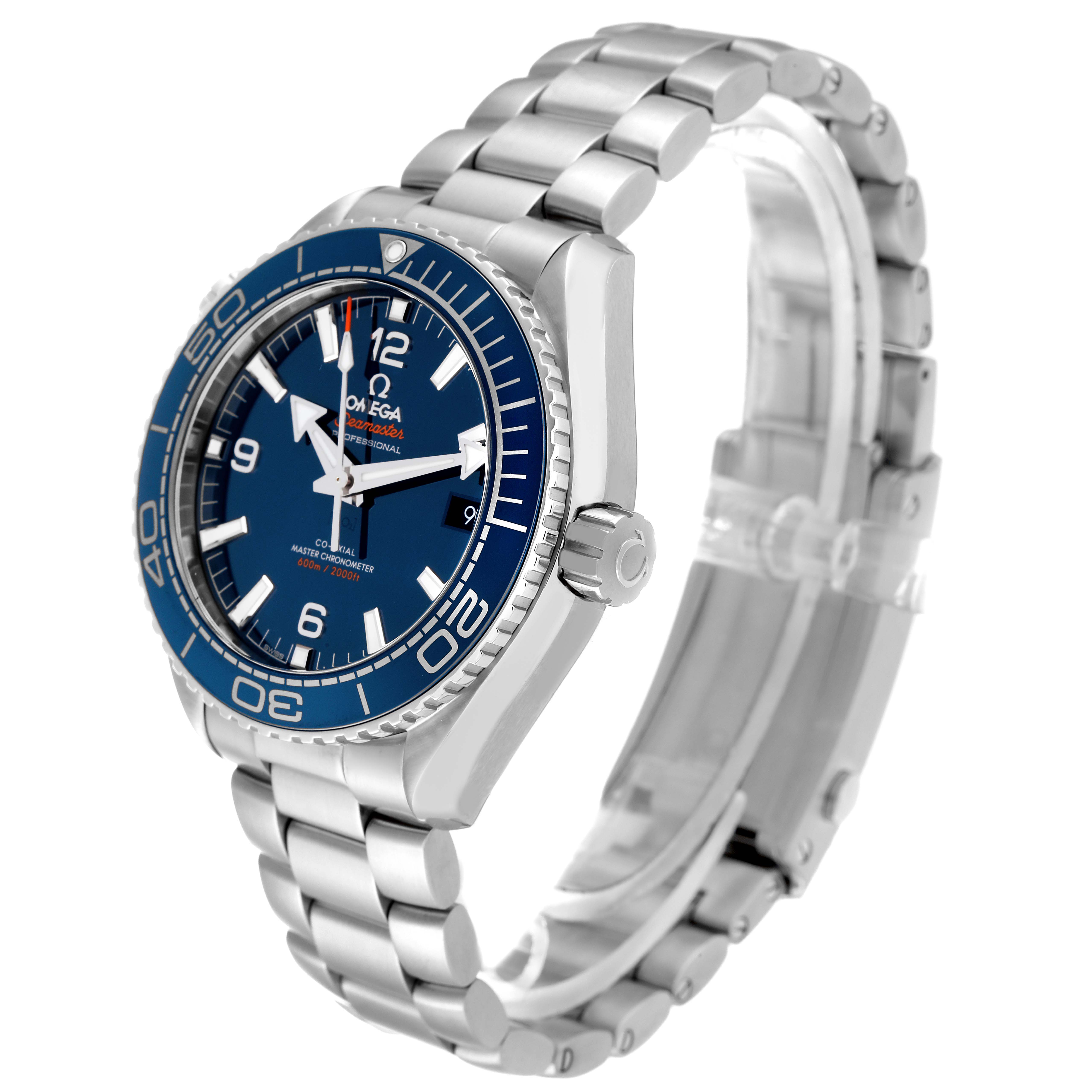 The image shows an angled side view of the Omega Planet Ocean 215.30.44.21.03.001 Men's Stainless Steel Blue Dial 215.30.44.21.03.001 Men's Stainless Steel Blue Dial watch, displaying the bezel, crown, face, and bracelet.