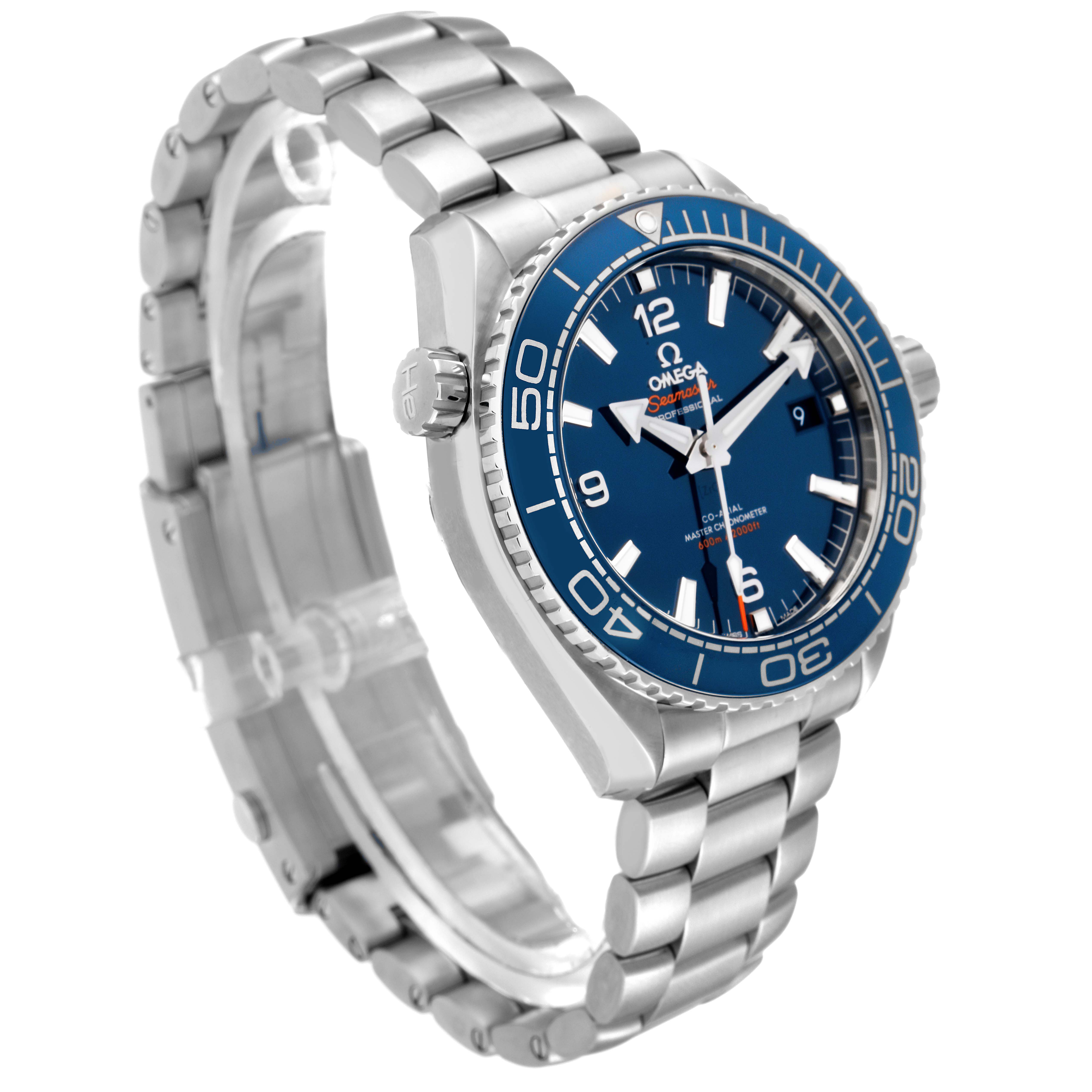 The image showcases an Omega Planet Ocean 215.30.44.21.03.001 Men's Stainless Steel Blue Dial 215.30.44.21.03.001 Men's Stainless Steel Blue Dial model watch at an angled side view, highlighting the face, bezel, crown, and stainless steel bracelet.