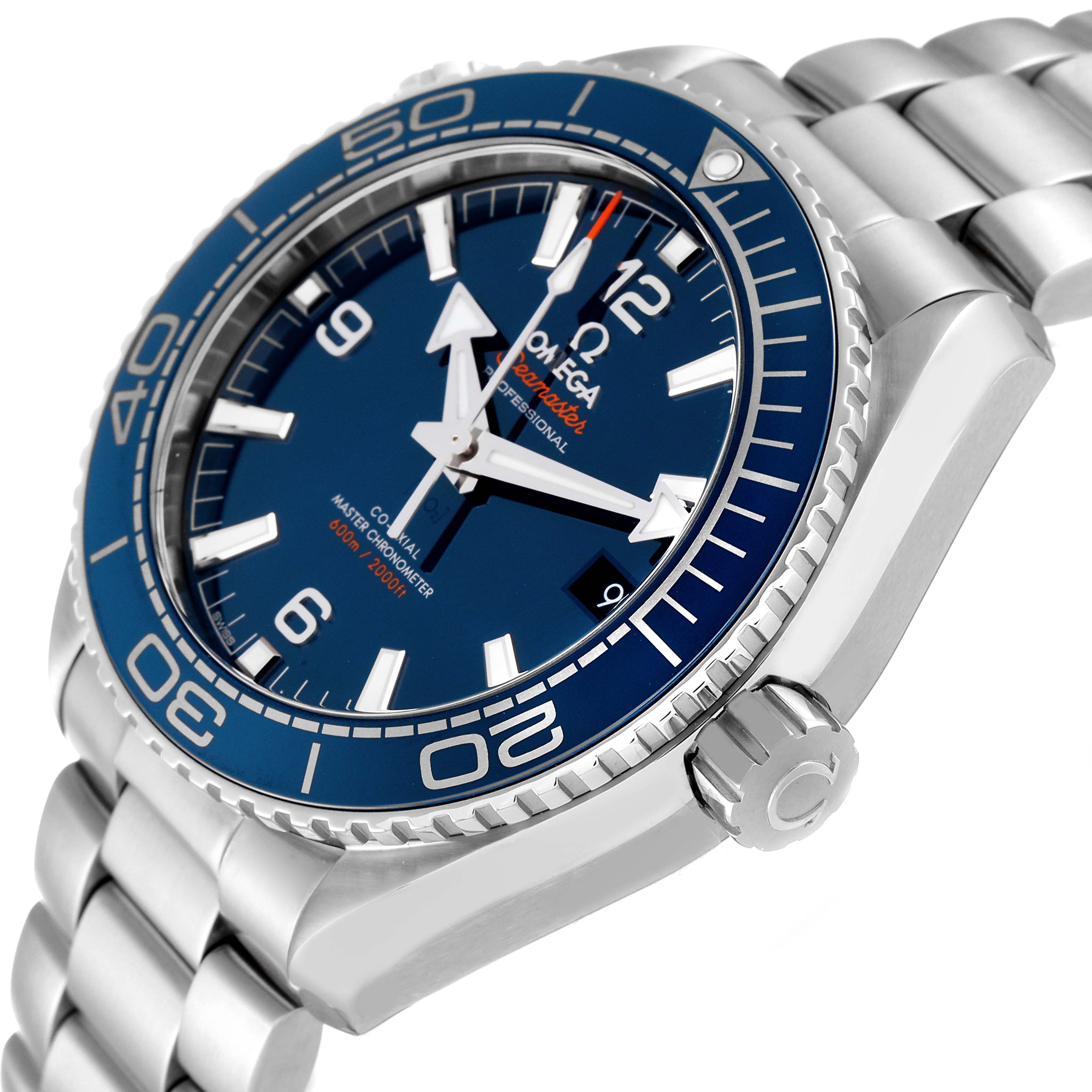 The image shows a side angle of the Omega Planet Ocean 215.30.44.21.03.001 Men's Stainless Steel Blue Dial 215.30.44.21.03.001 Men's Stainless Steel Blue Dial watch, highlighting the blue dial, bezel, crown, and part of the bracelet.