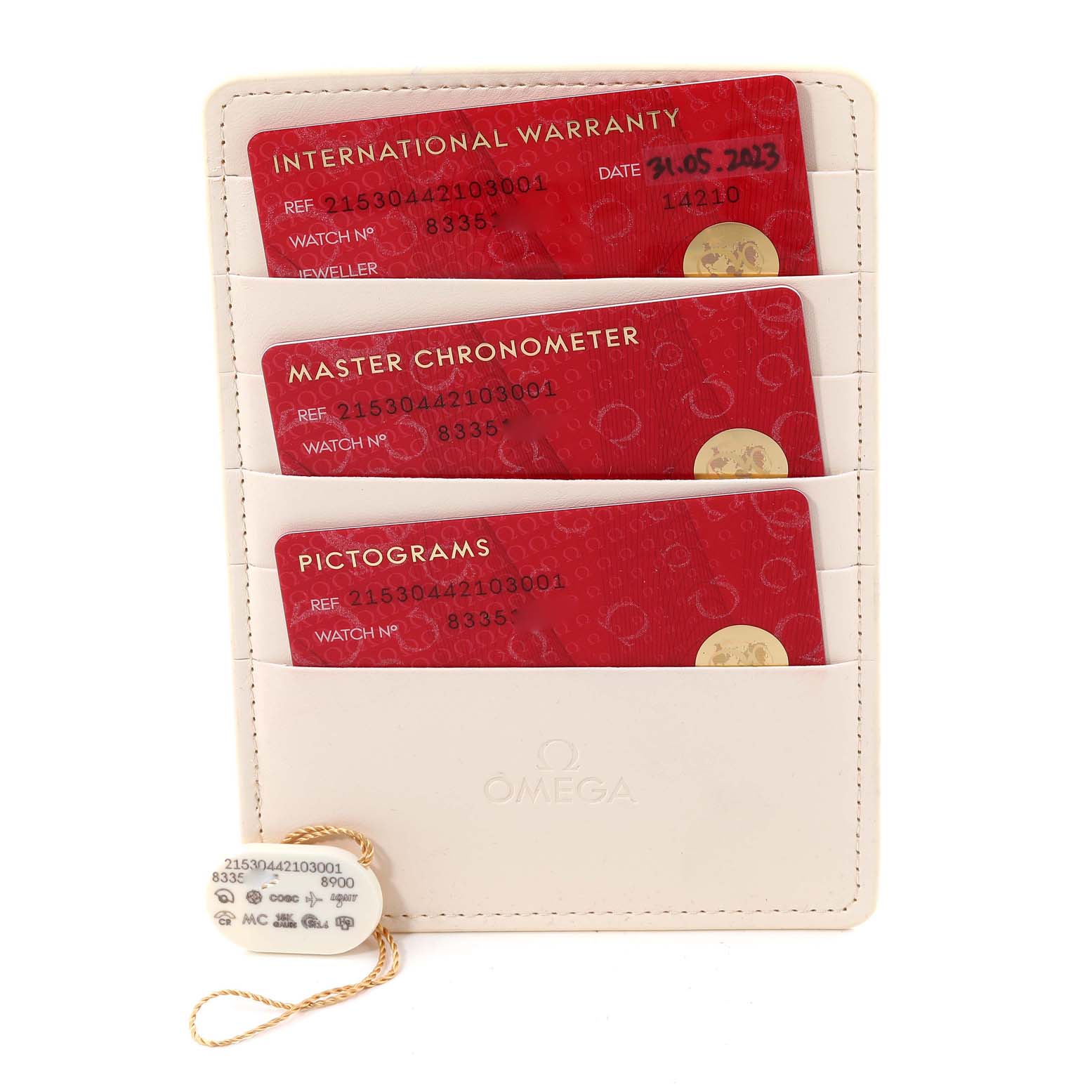 The image shows the warranty cards and a tag for the Omega Planet Ocean 215.30.44.21.03.001 Men's Stainless Steel Blue Dial 215.30.44.21.03.001 Men's Stainless Steel Blue Dial model, displayed in a white cardholder.