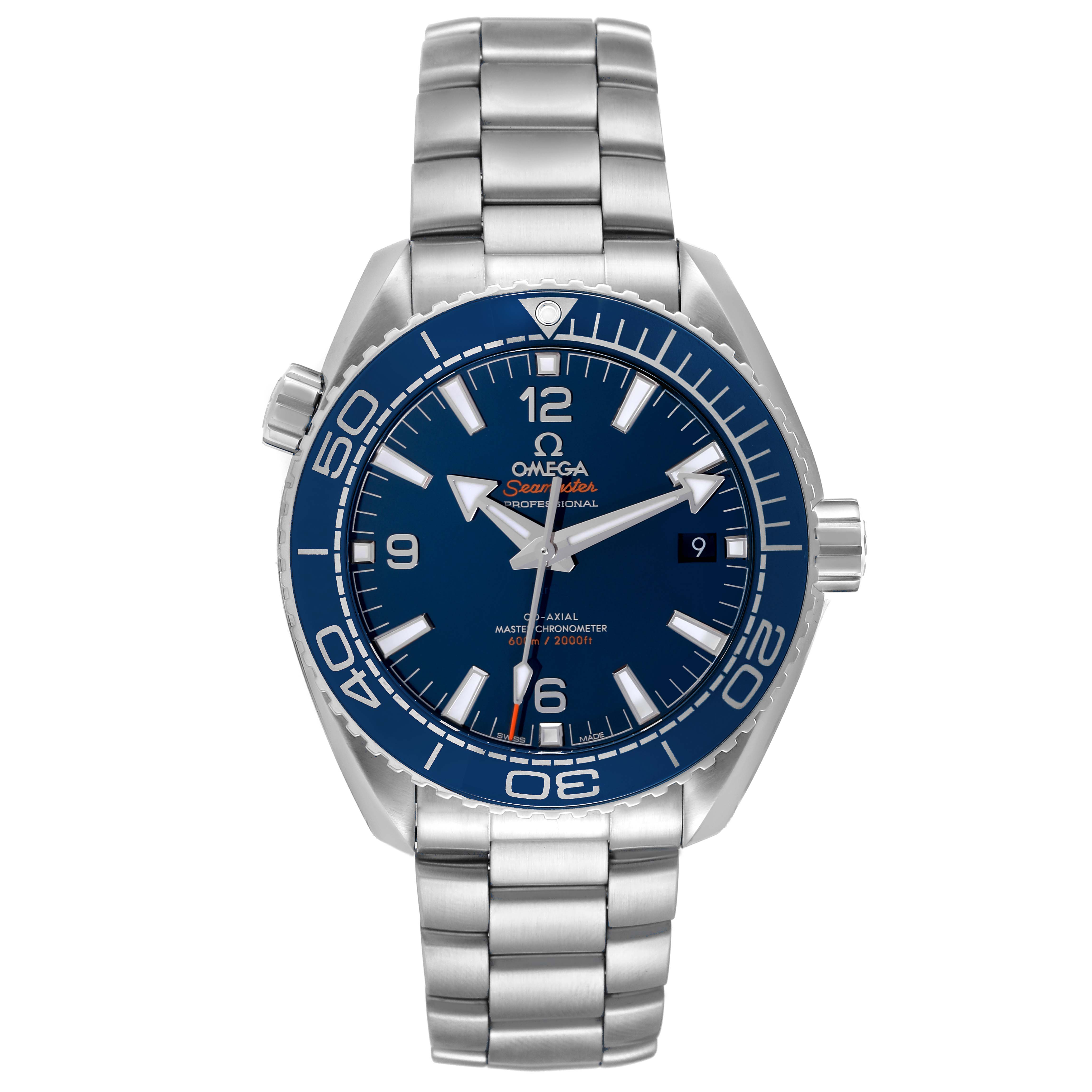 The image shows a front view of the Omega Planet Ocean 215.30.44.21.03.001 Men's Stainless Steel Blue Dial 215.30.44.21.03.001 Men's Stainless Steel Blue Dial watch, highlighting its face, bezel, and bracelet.
