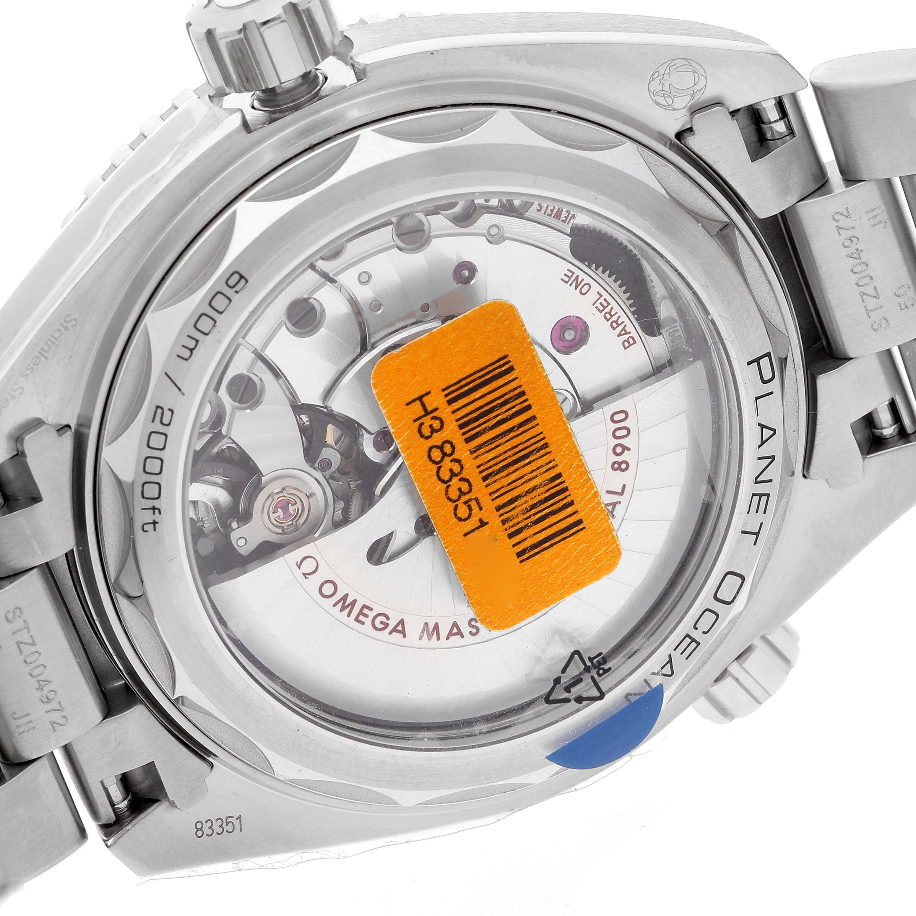 The image shows the back view of an Omega Planet Ocean 215.30.44.21.03.001 Men's Stainless Steel Blue Dial 215.30.44.21.03.001 Men's Stainless Steel Blue Dial watch, highlighting its movement and water resistance marking.