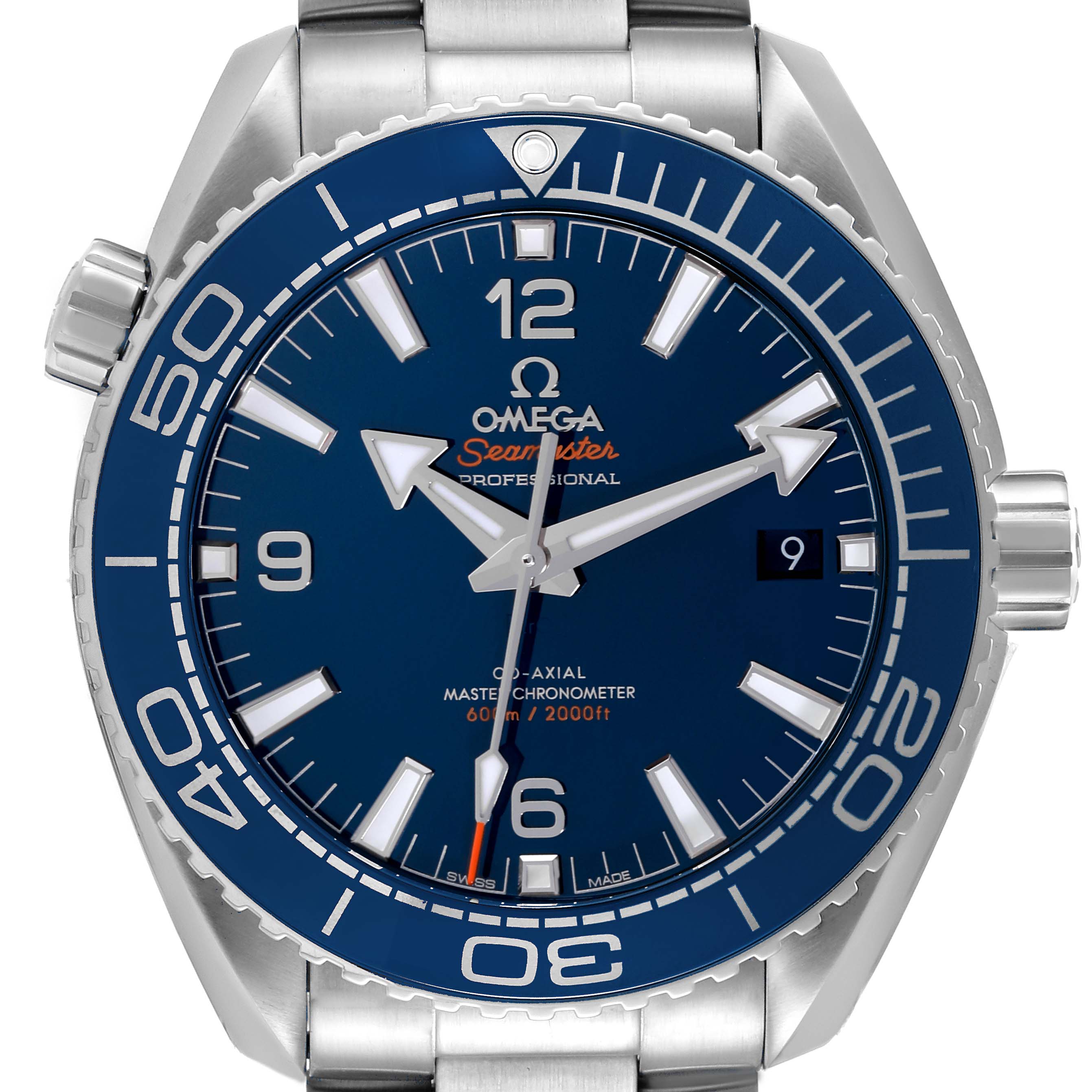 The image shows a front view of an Omega Planet Ocean 215.30.44.21.03.001 Men's Stainless Steel Blue Dial 215.30.44.21.03.001 Men's Stainless Steel Blue Dial Seamaster watch, highlighting the dial, bezel, and stainless steel strap.
