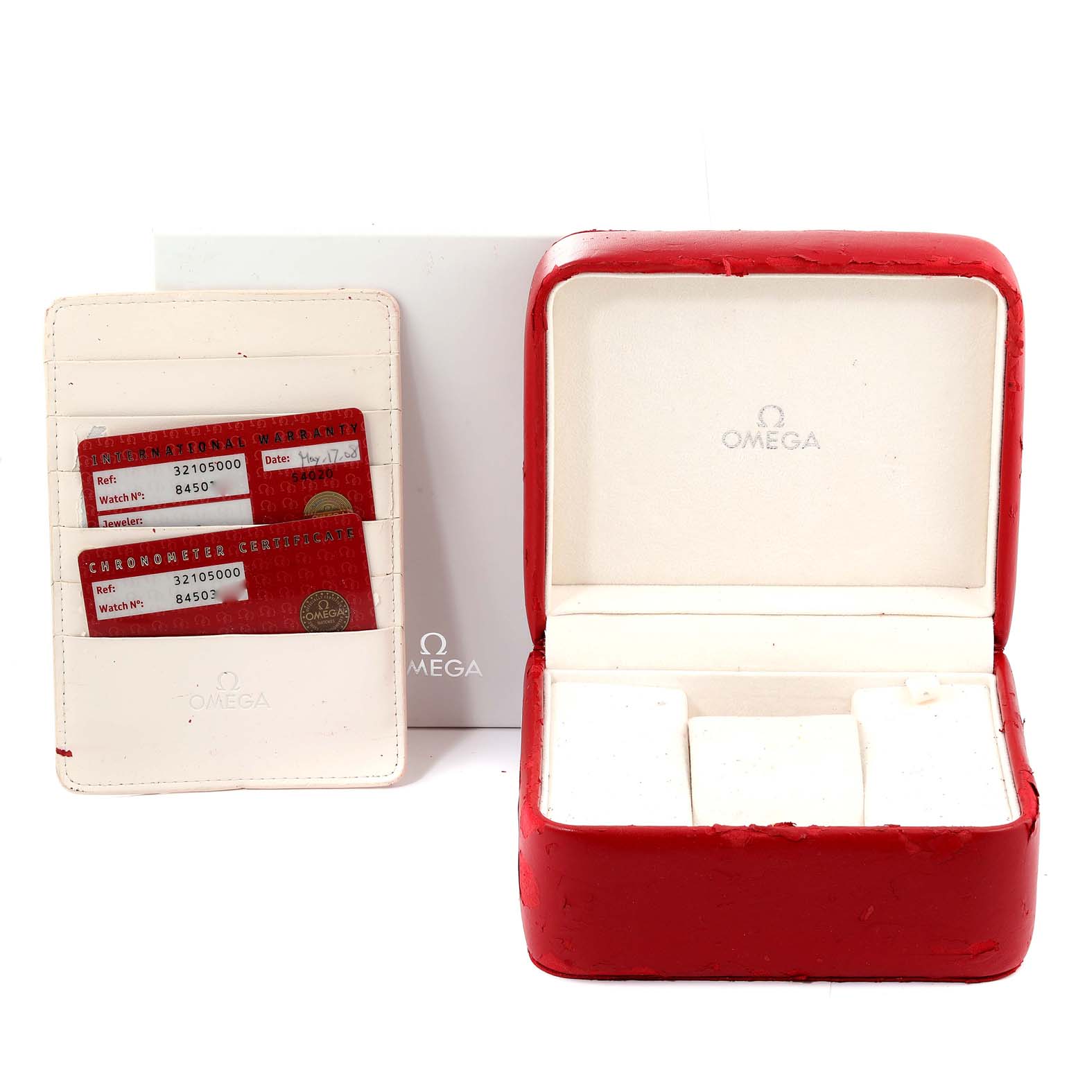 The image shows a red Omega Speedmaster 3210.50.00 Men
s Stainless Steel Black Dial 3210.50.00 Men
s Stainless Steel Black Dial watch box, warranty cards, and a cardholder from a frontal angle.