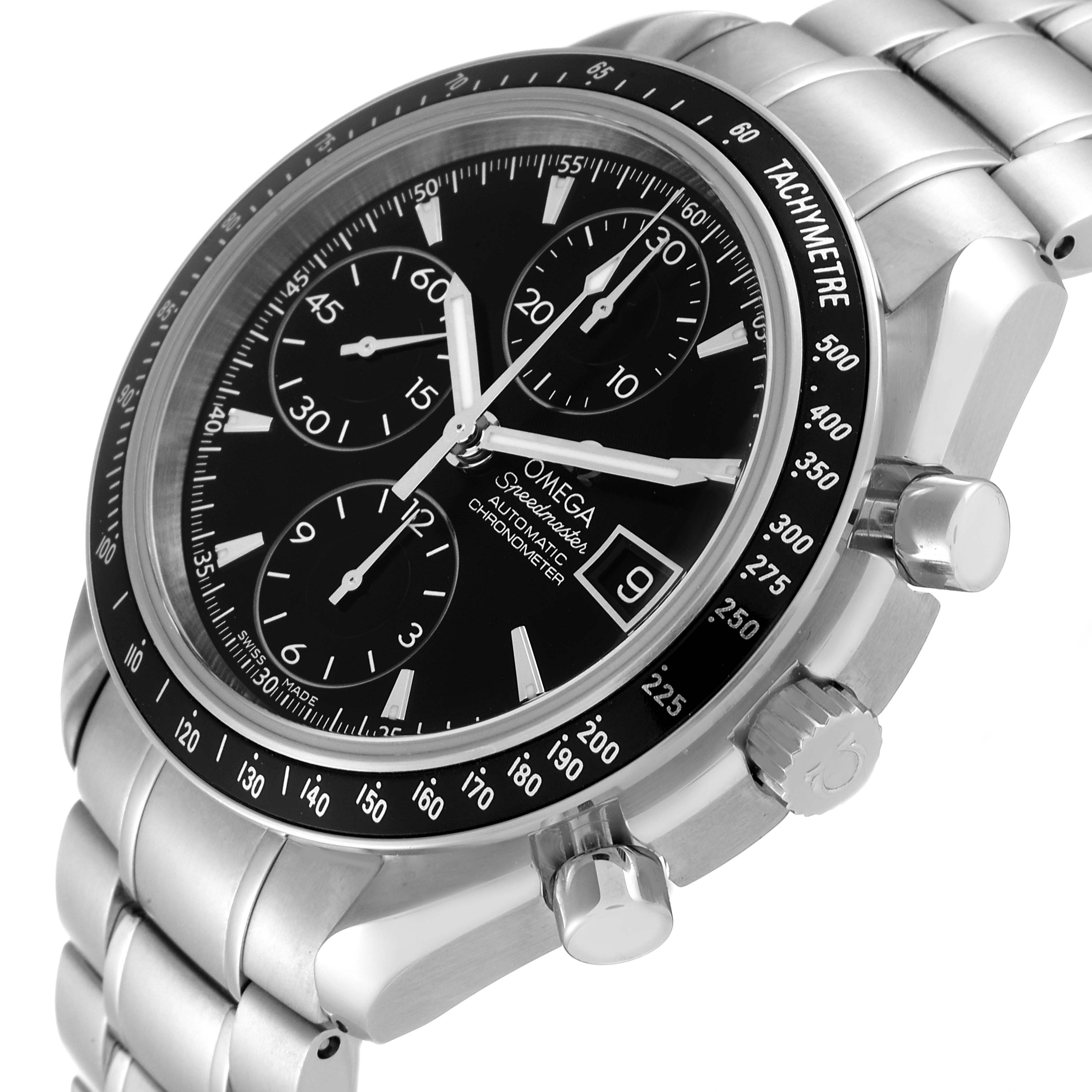 The Omega Speedmaster 3210.50.00 Men
s Stainless Steel Black Dial 3210.50.00 Men
s Stainless Steel Black Dial watch is shown at an angled close-up, highlighting the face, bezel, and side buttons.