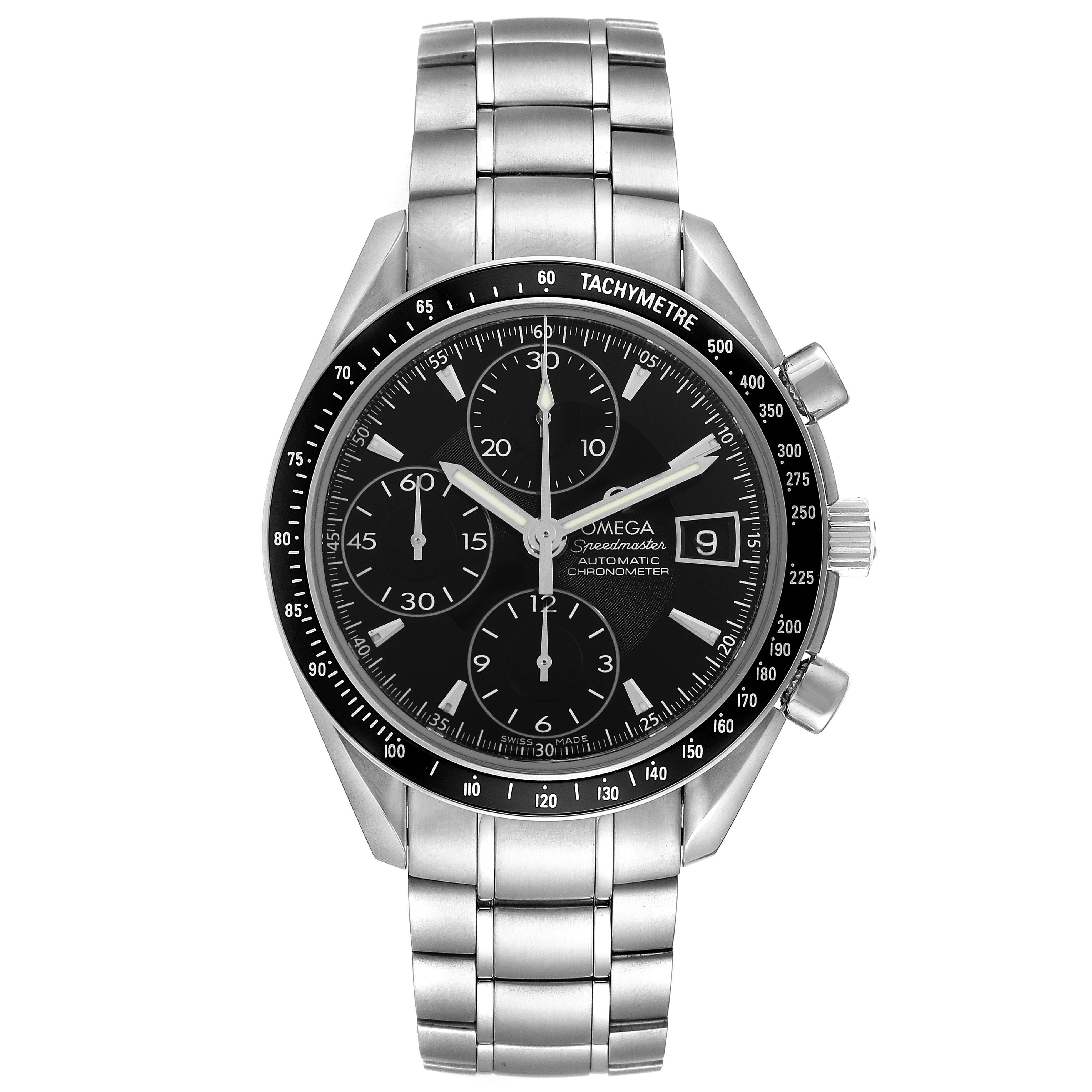 The Omega Speedmaster 3210.50.00 Men
s Stainless Steel Black Dial 3210.50.00 Men
s Stainless Steel Black Dial watch is shown from a front angle, highlighting the face, bezel, and stainless steel bracelet.