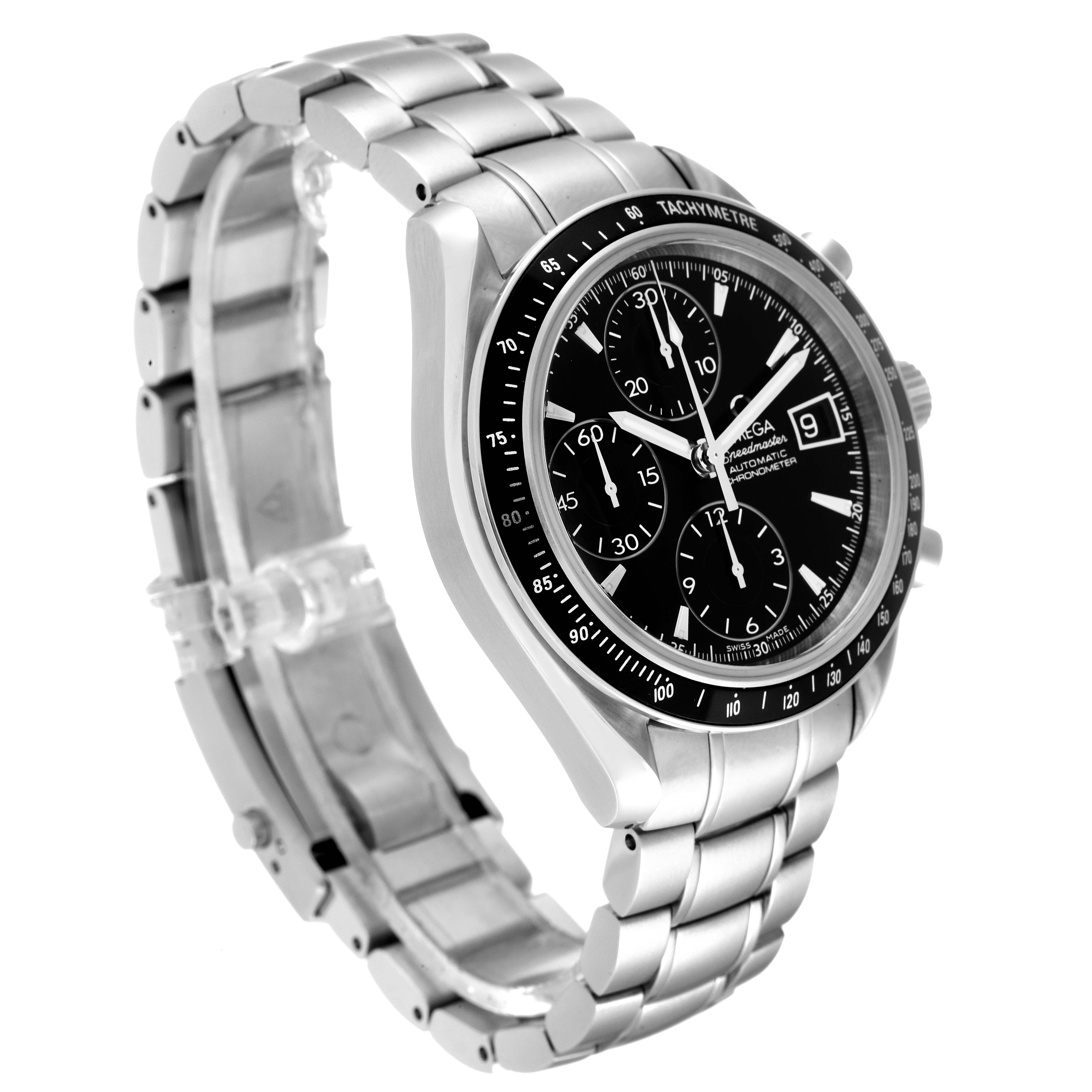 The Omega Speedmaster 3210.50.00 Men
s Stainless Steel Black Dial 3210.50.00 Men
s Stainless Steel Black Dial watch is shown at a slight angle, displaying its face and stainless steel bracelet.